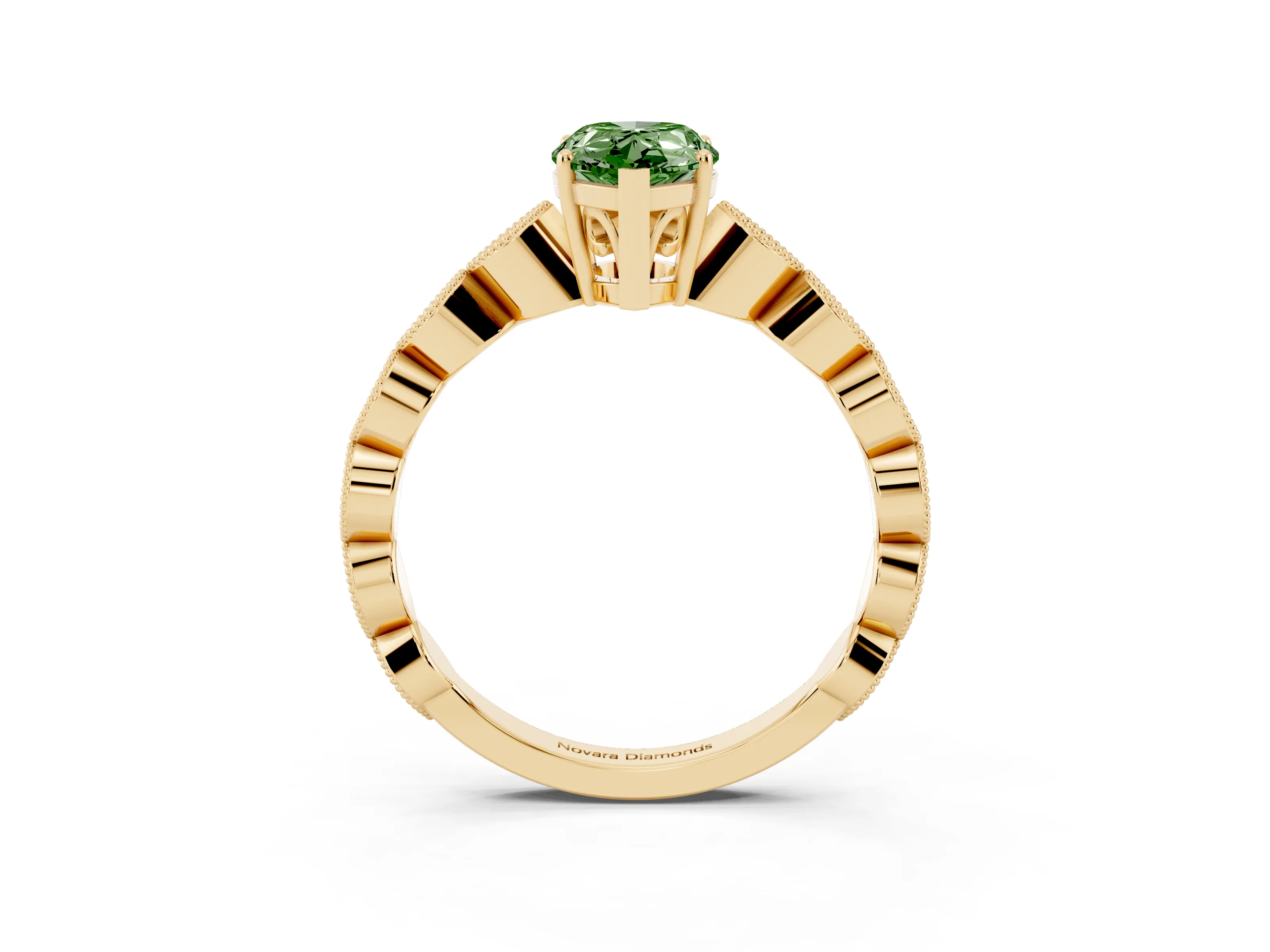 Fancy Green Pear Cut Diamond Solitaire Ring Set in Yellow gold with Infinity Twist Pavé Band