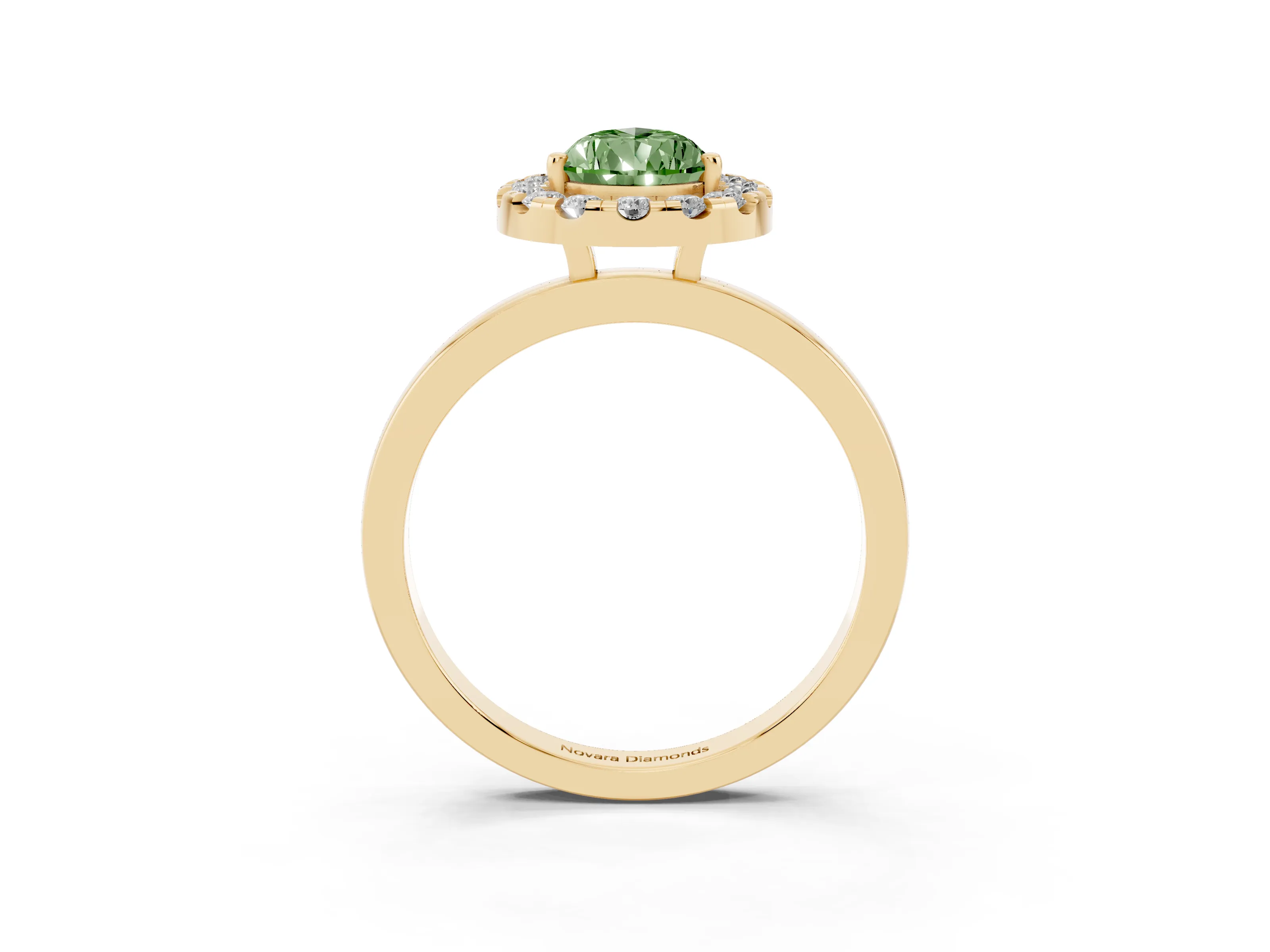 Fancy Green Pear Cut Diamond Halo Solitaire Ring Set in Yellow gold with Pavé Band and Prong Setting