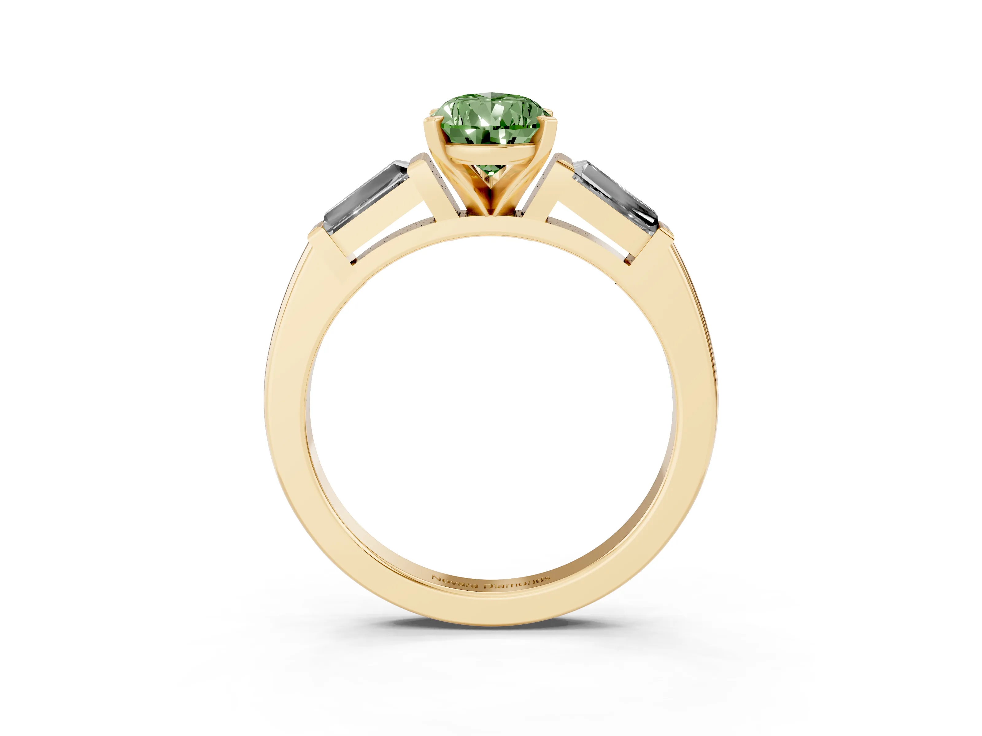 Fancy Green Pear Cut Diamond Solitaire Ring Set in Yellow gold with Tapered Baguette Side Stones and Prong Setting