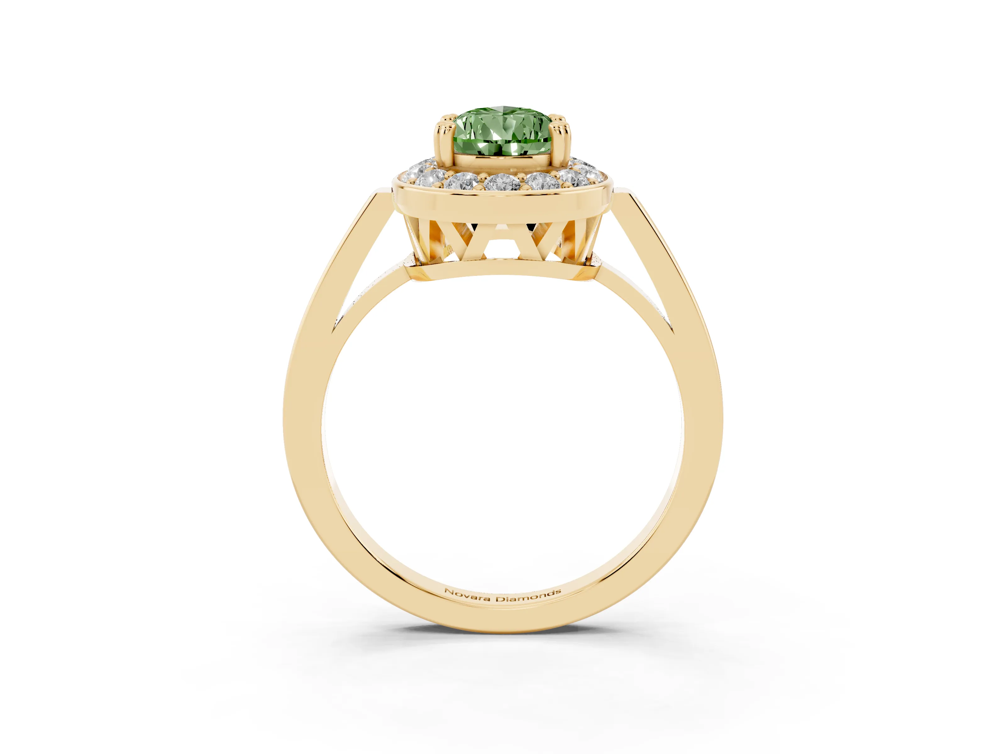 Fancy Green Pear Cut Diamond Halo Ring Set in Yellow gold with Accent-Lined Split Shank and Prong Setting