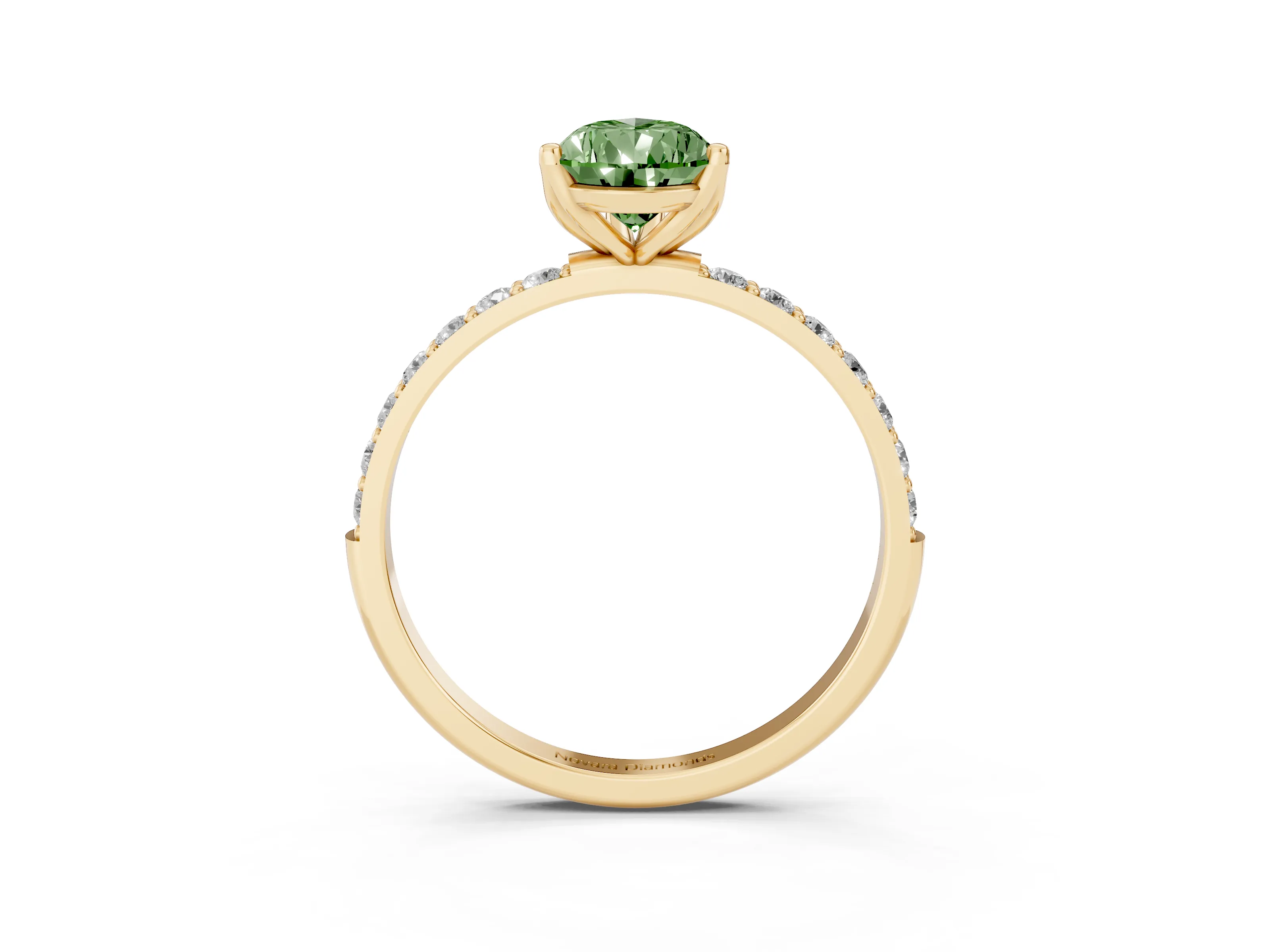 Fancy Green Pear Cut Diamond Solitaire Engagement Ring Set in Yellow gold with Round Pavé Band and Prong Setting