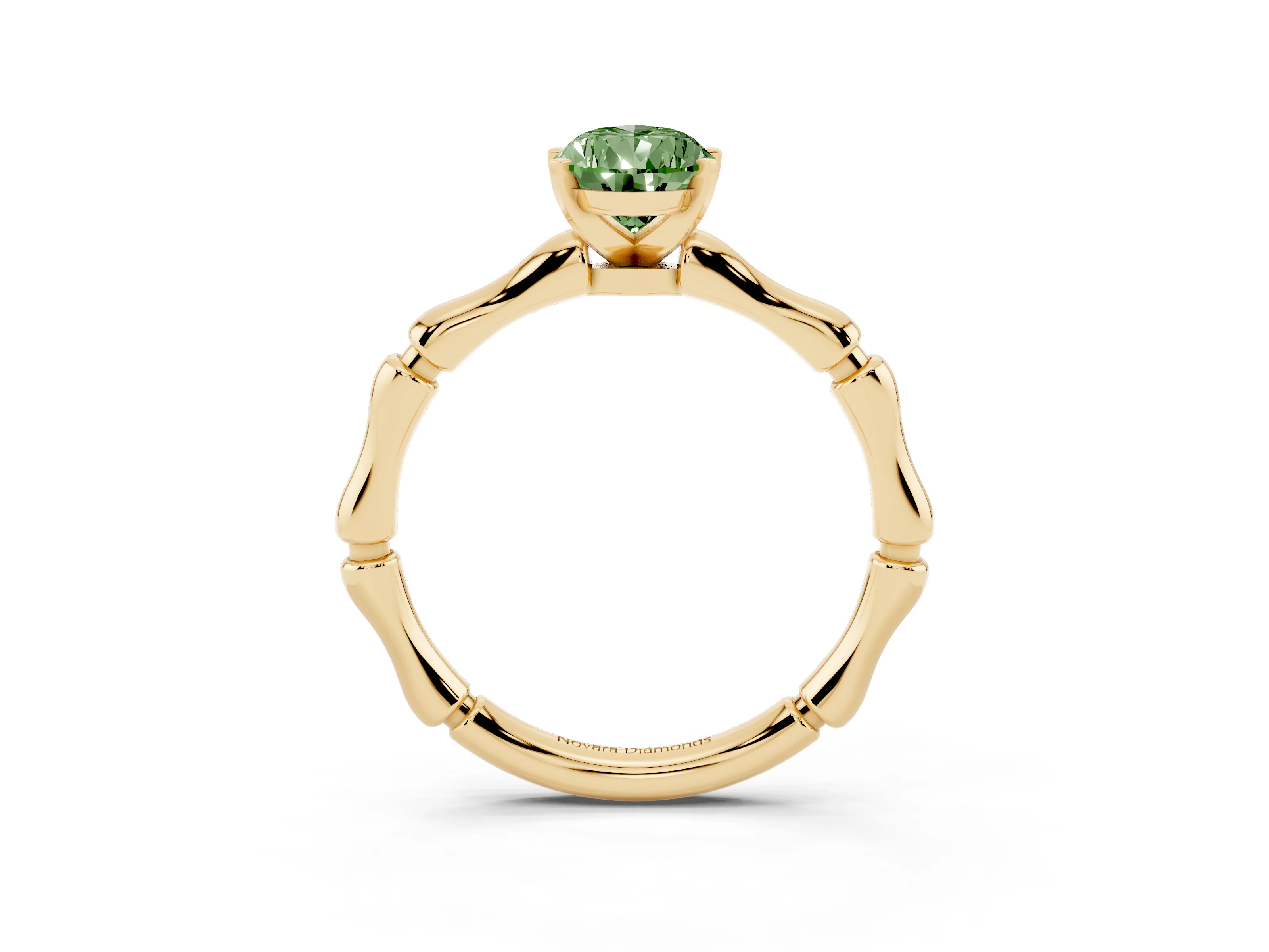 Fancy Green Pear Cut Diamond Solitaire Ring Set in Yellow gold with Bamboo Band and Prong Setting