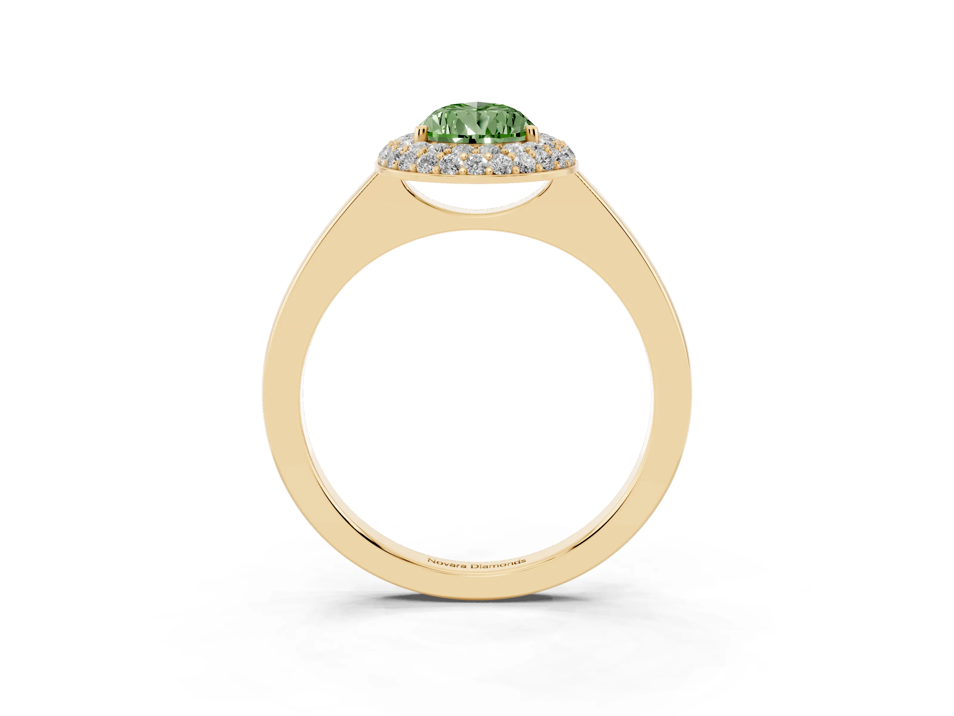 Fancy Green Pear Cut Diamond Halo Engagement Ring Set in Yellow gold with Solitaire Band and Prong Setting