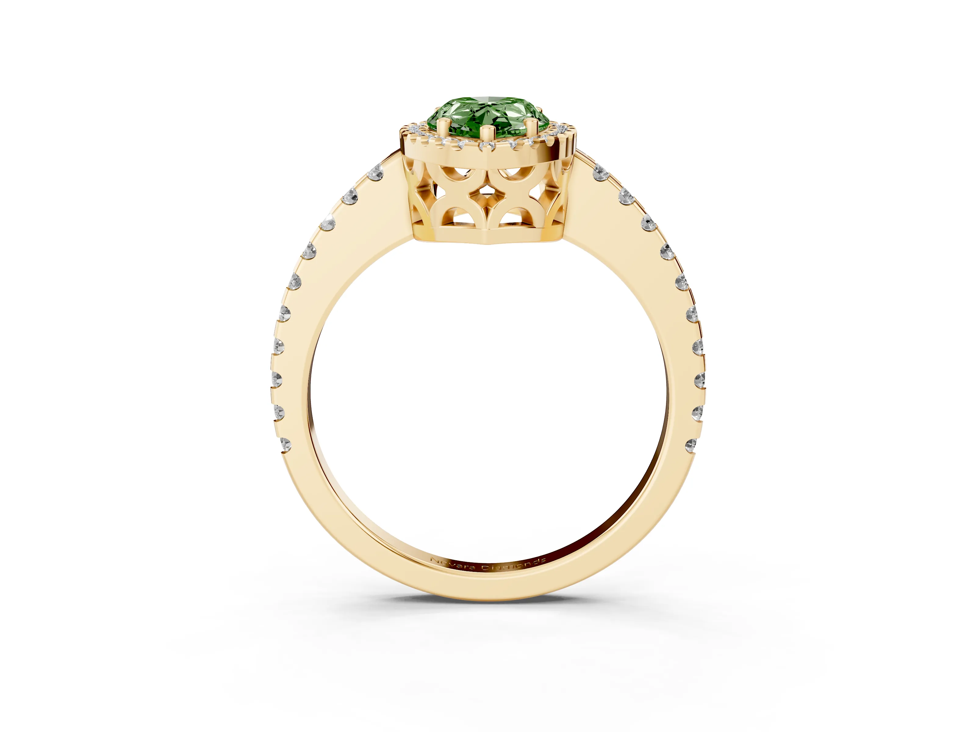 Fancy Green Pear Cut Diamond Halo Ring Set in Yellow gold with Pavé Shoulders and Halo-Framed Center