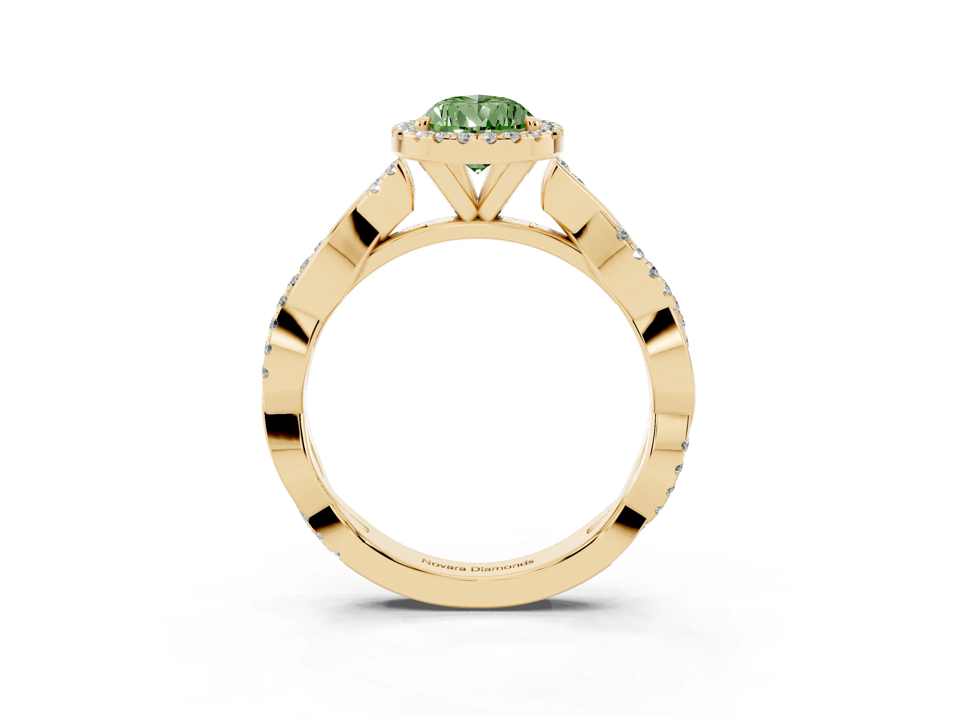 Fancy Green Pear Cut Diamond Halo Twisted Band Ring Set in Yellow gold with Prong Setting