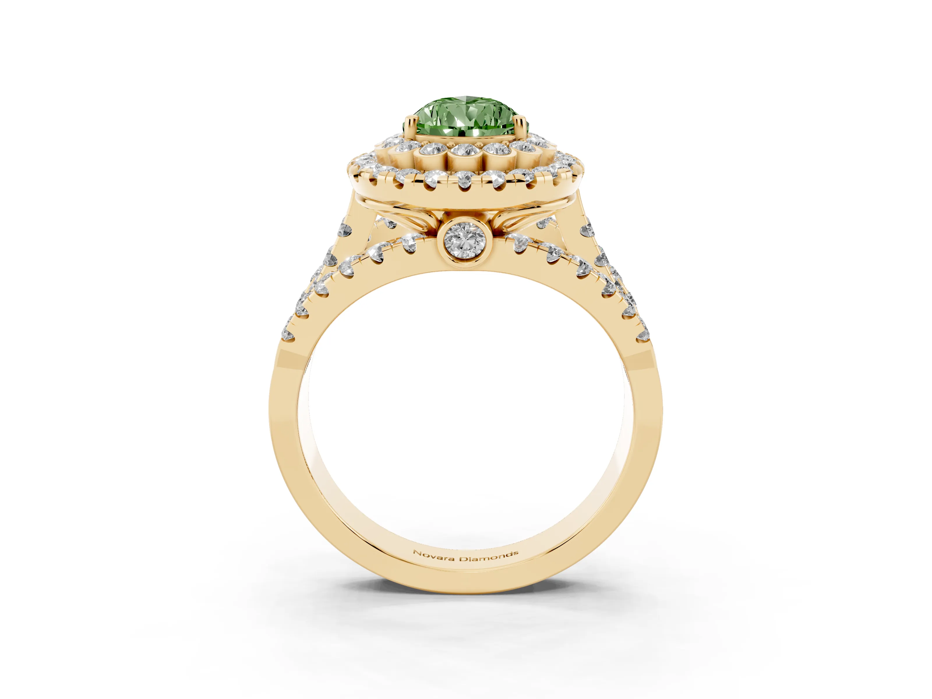 Fancy Green Pear Cut Diamond Double Halo Ring Set in Yellow gold with Round Pavé Split Shank