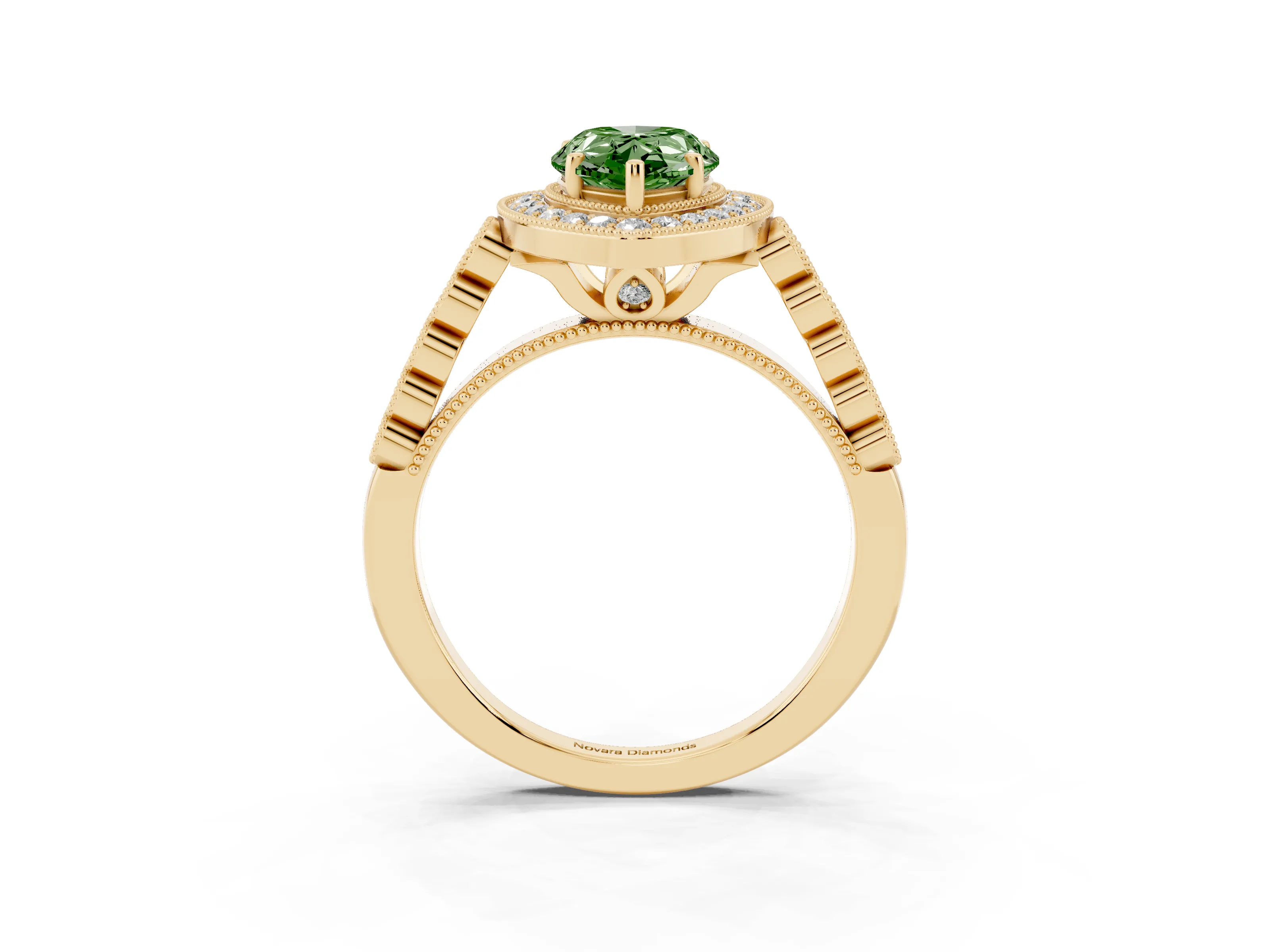 Fancy Green Pear Cut Diamond Milgrain Halo Solitaire Ring Set in Yellow gold with Bezel Set Side Stones and Pavé Band