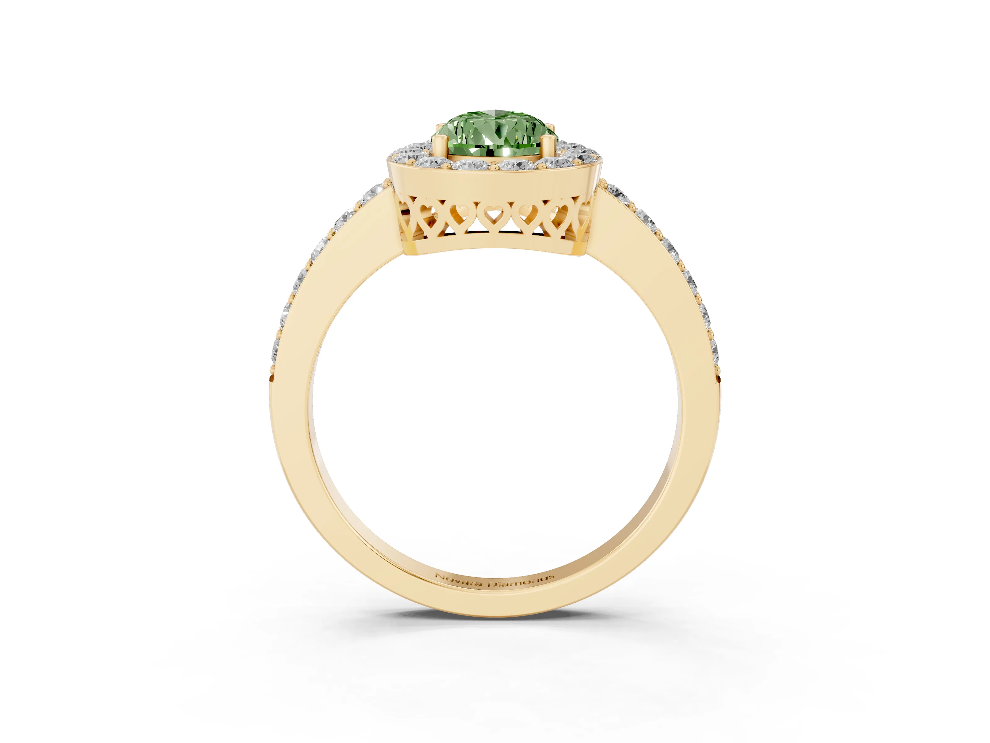 Fancy Green Pear Cut Diamond Halo Ring Set in Yellow gold with Pavé-Setting Band and Open Prong Center