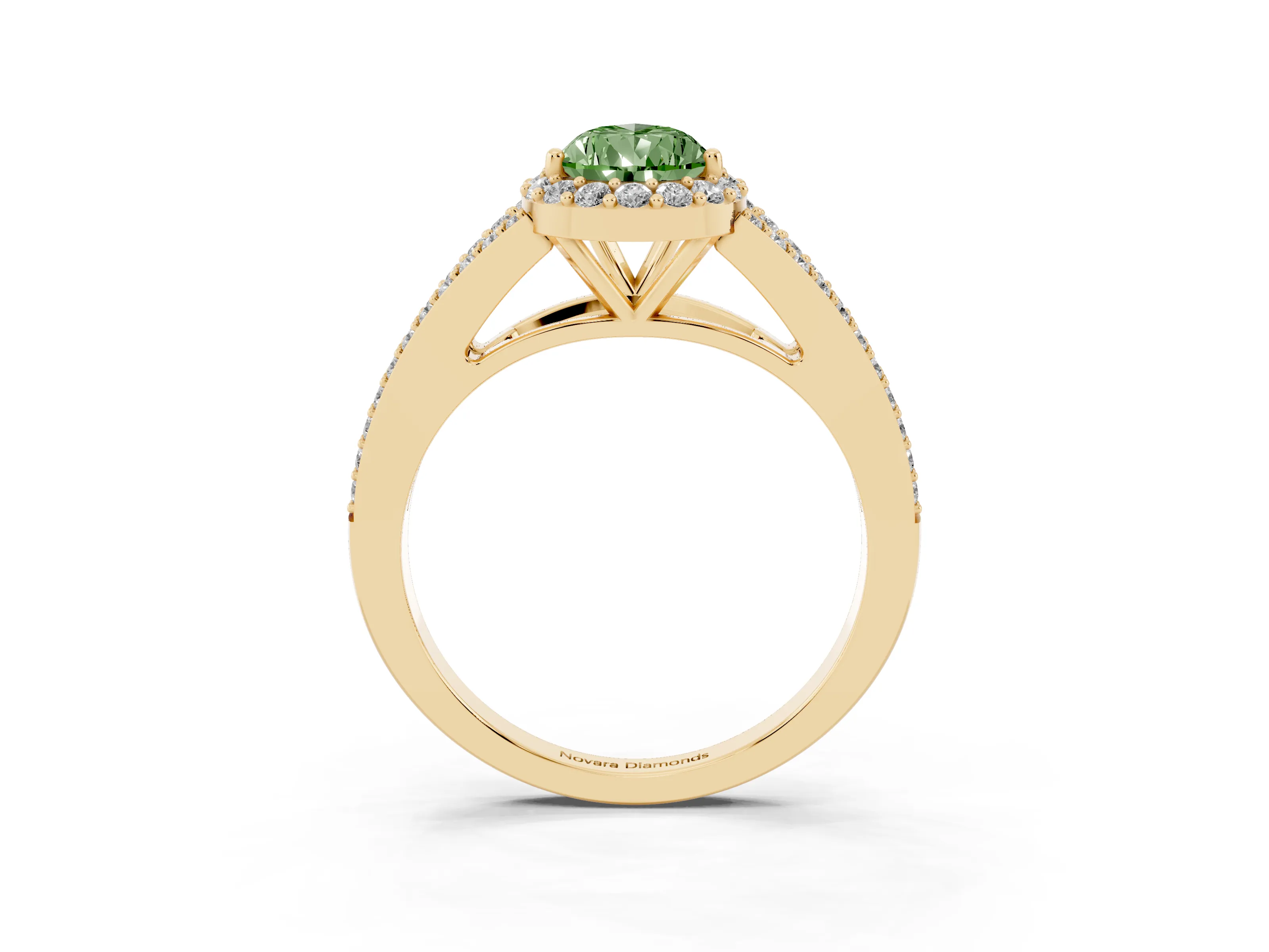Fancy Green Pear Cut Diamond Halo Split Shank Pavé Ring Set in Yellow gold with Prong Setting