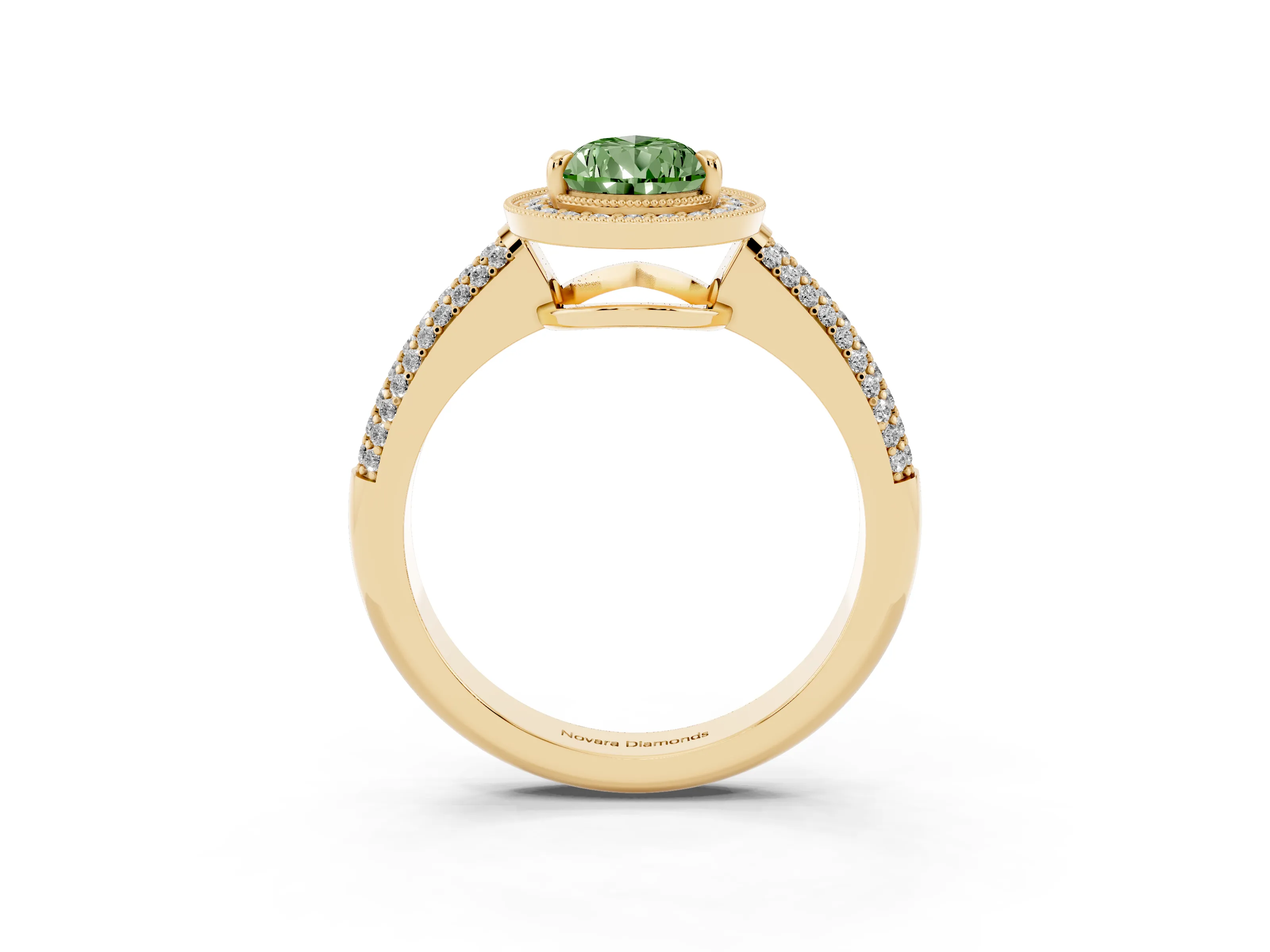 Fancy Green Pear Cut Diamond Halo Pavé Band Set in Yellow gold with Prong Setting