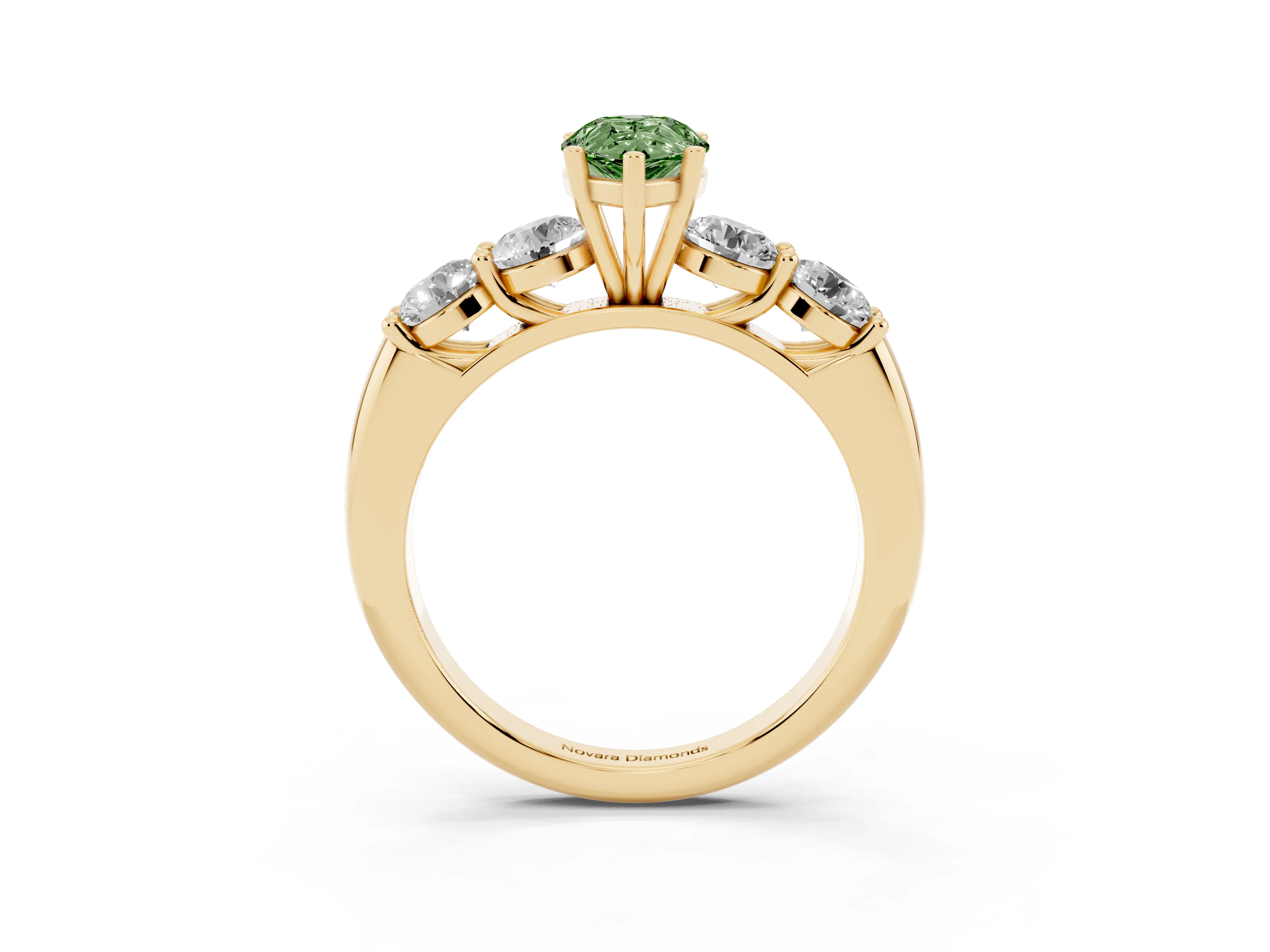 Fancy Green Pear Cut Diamond Five-Stone Prong Set Ring Set in Yellow gold with Classic Band