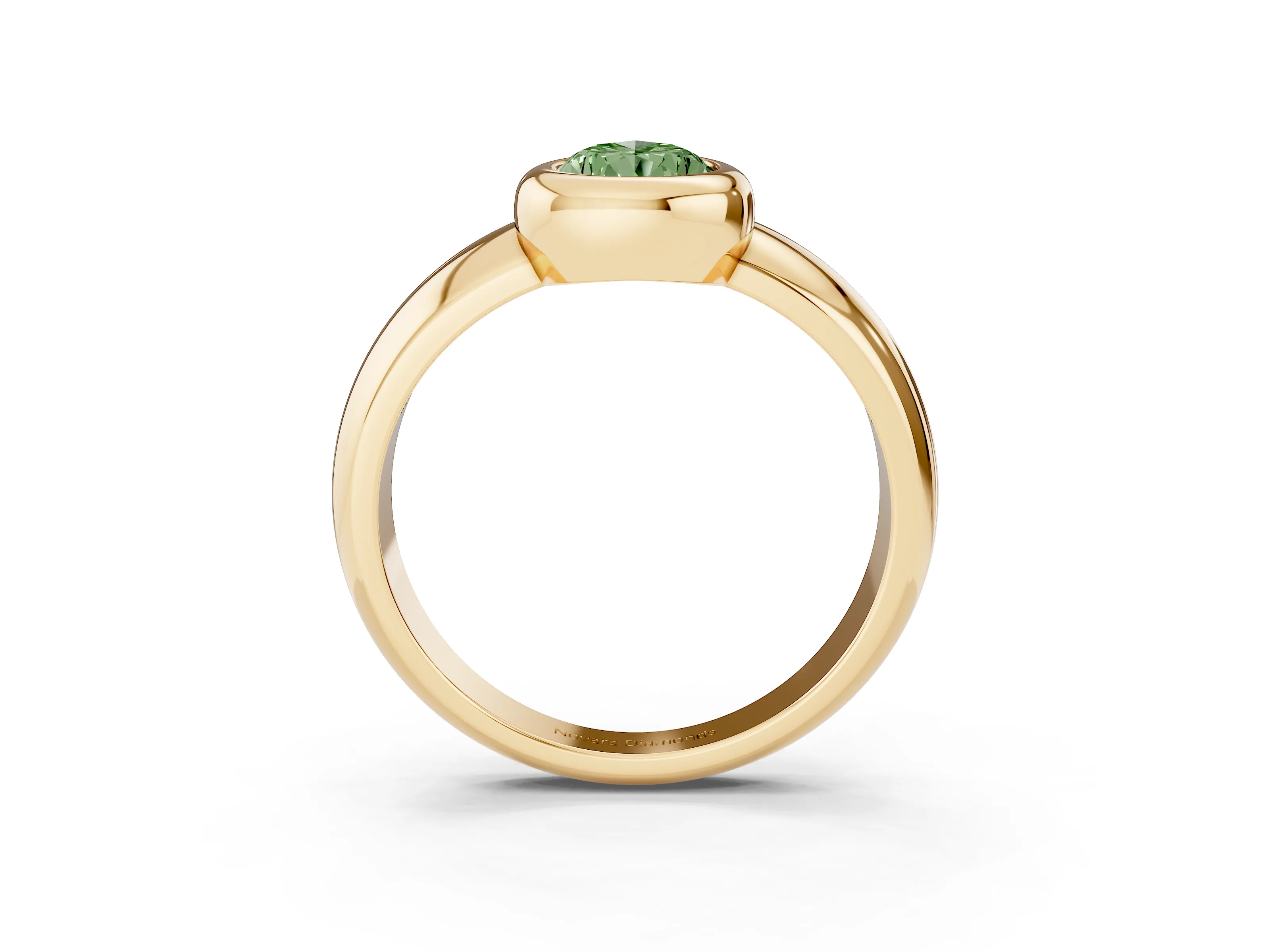 Fancy Green Bezel Set Pear Cut Diamond Solitaire Ring Set in Yellow gold with Wide Band