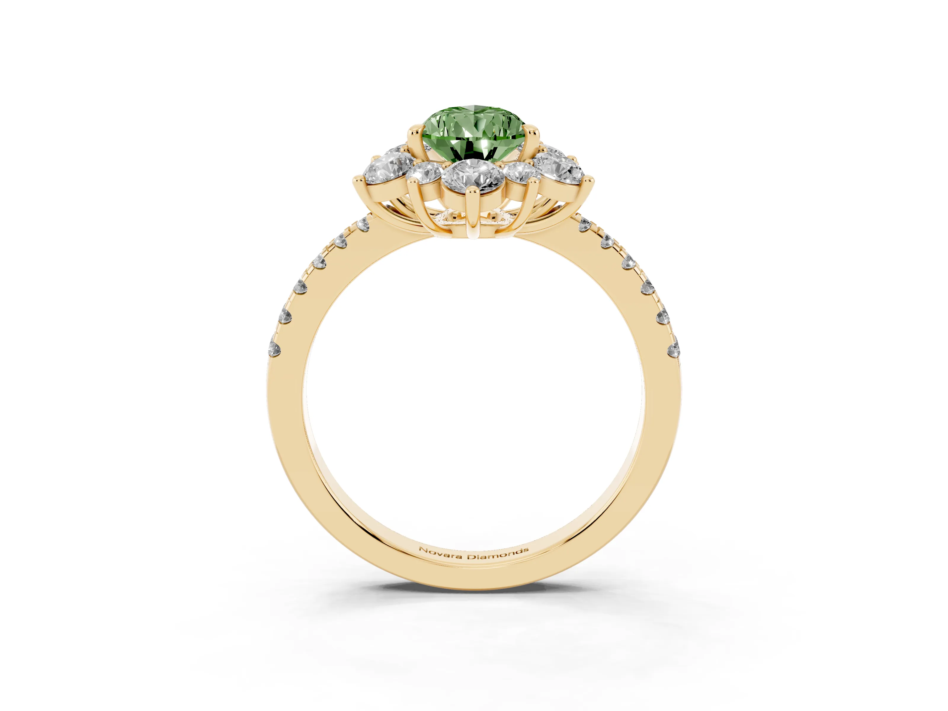 Fancy Green Pear Cut Diamond Floral Halo Ring Set in Yellow gold with Round Pavé Band and Prong Setting