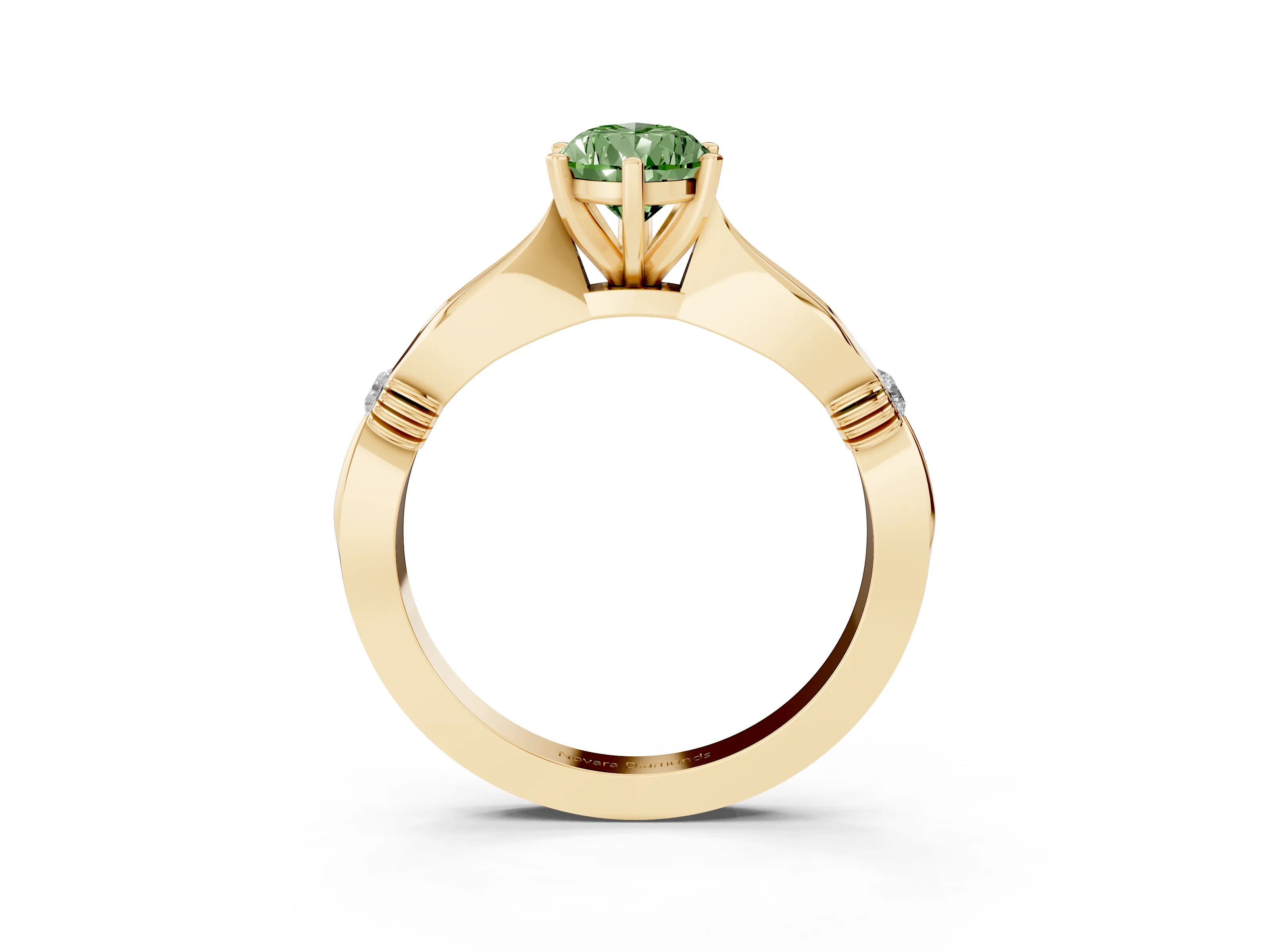 Fancy Green Pear Cut Diamond Solitaire Twisted Band Ring Set in Yellow gold with Accent Stones and Prong Setting