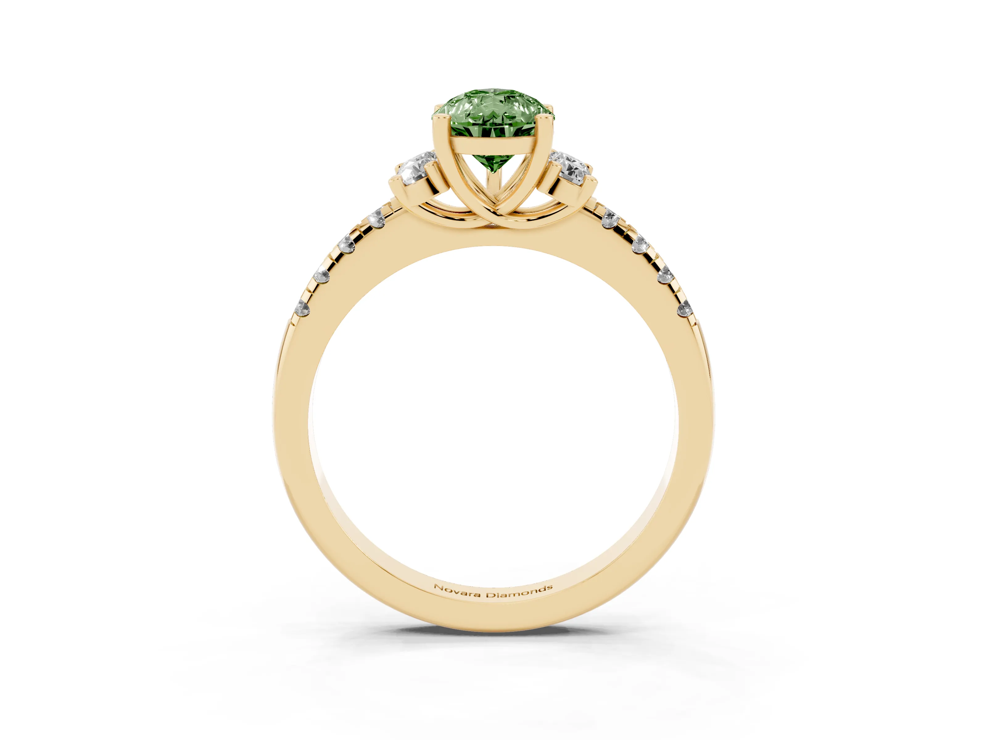 Fancy Green Pear Cut Diamond Three-Stone Pavé Ring Set in Yellow gold with Prong Setting