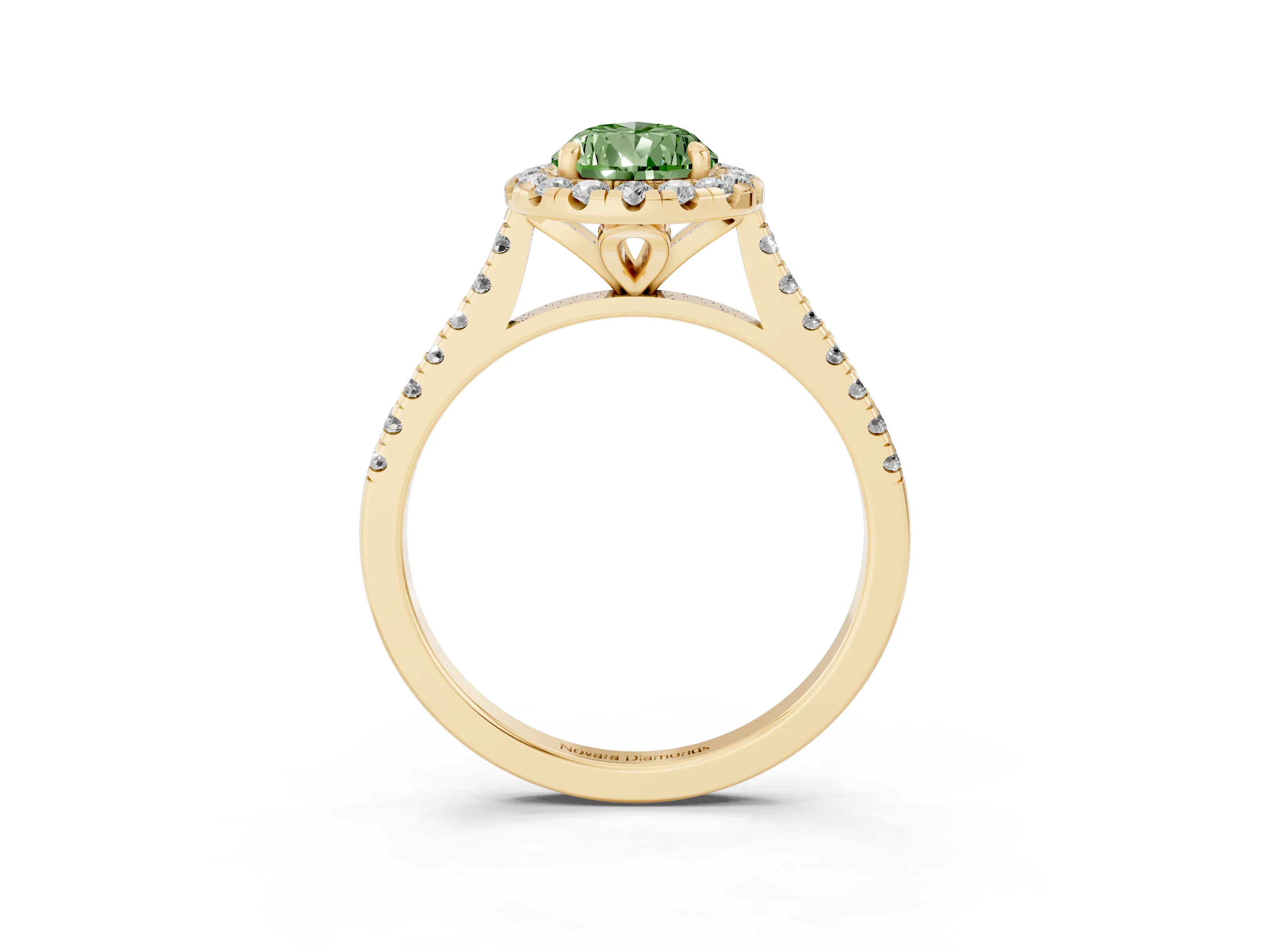 Fancy Green Pear Cut Diamond Cushion Halo Ring Set in Yellow gold with Pavé Band