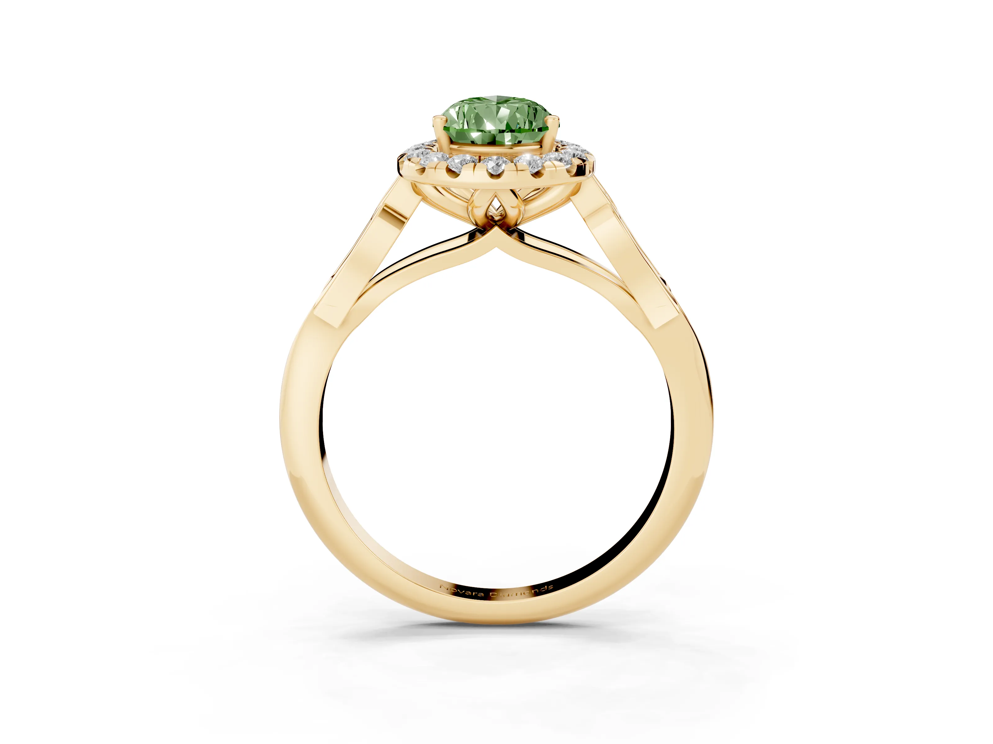 Fancy Green Pear Cut Diamond Halo Engagement Ring Set in Yellow gold with Filigree Band and Prong-Set Center