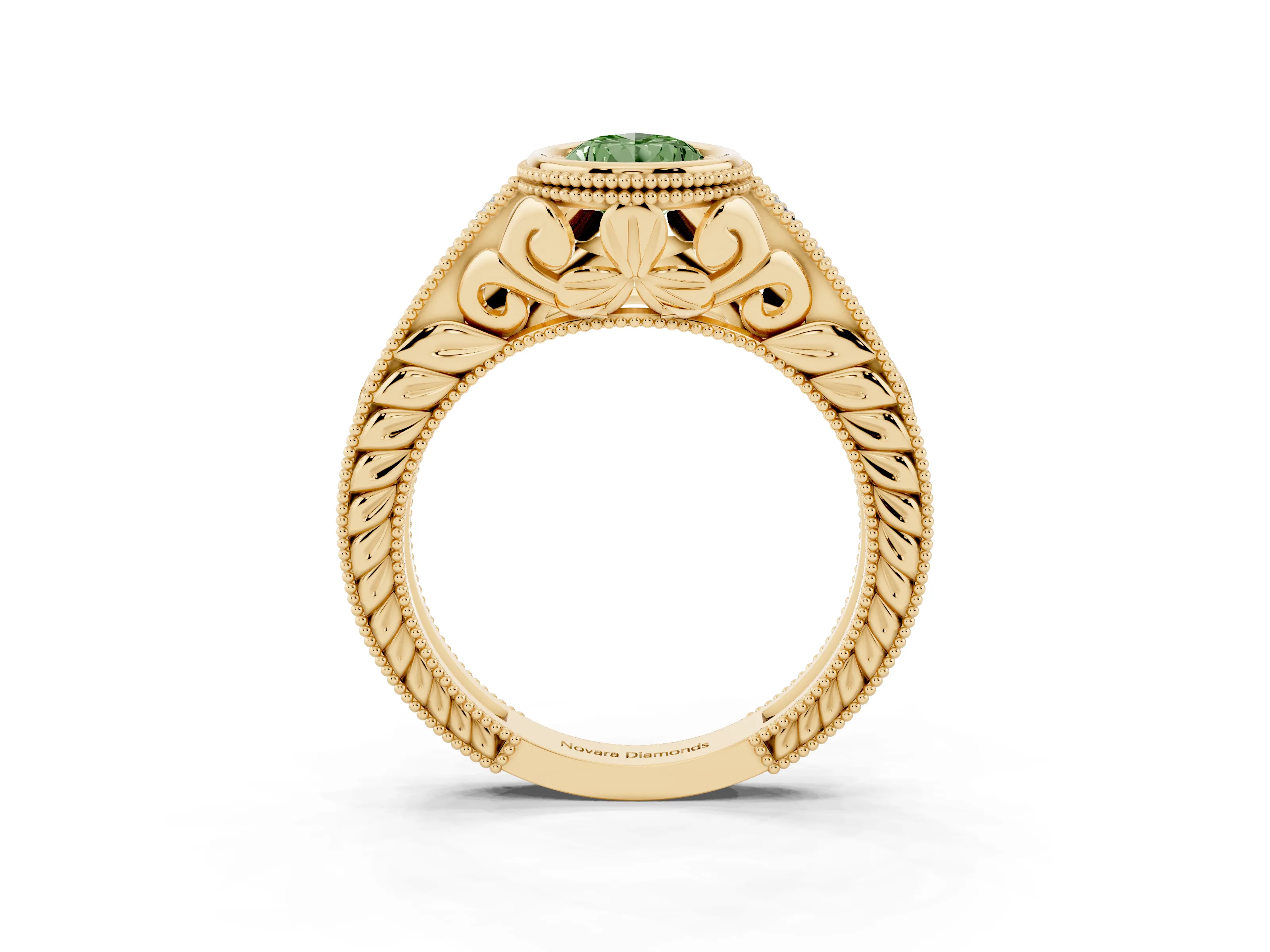 Fancy Green Bezel Set Pear Cut Diamond Milgrain Pavé Engagement Ring Set in Yellow gold