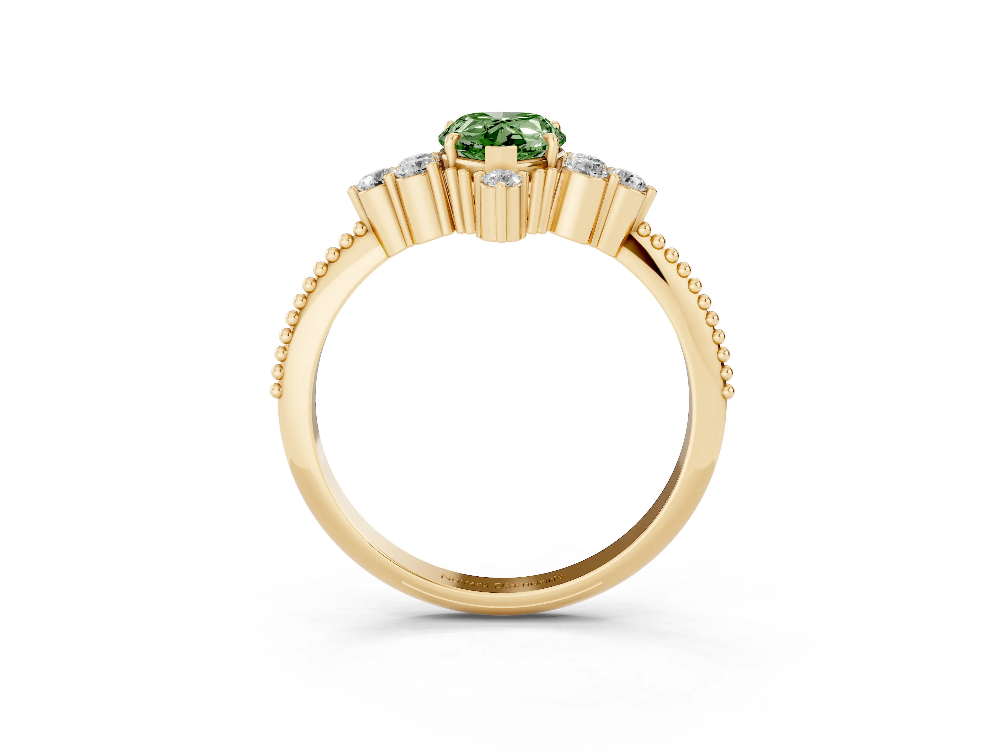 Fancy Green Pear Cut Diamond Cluster Ring Set in Yellow gold with Beaded Band