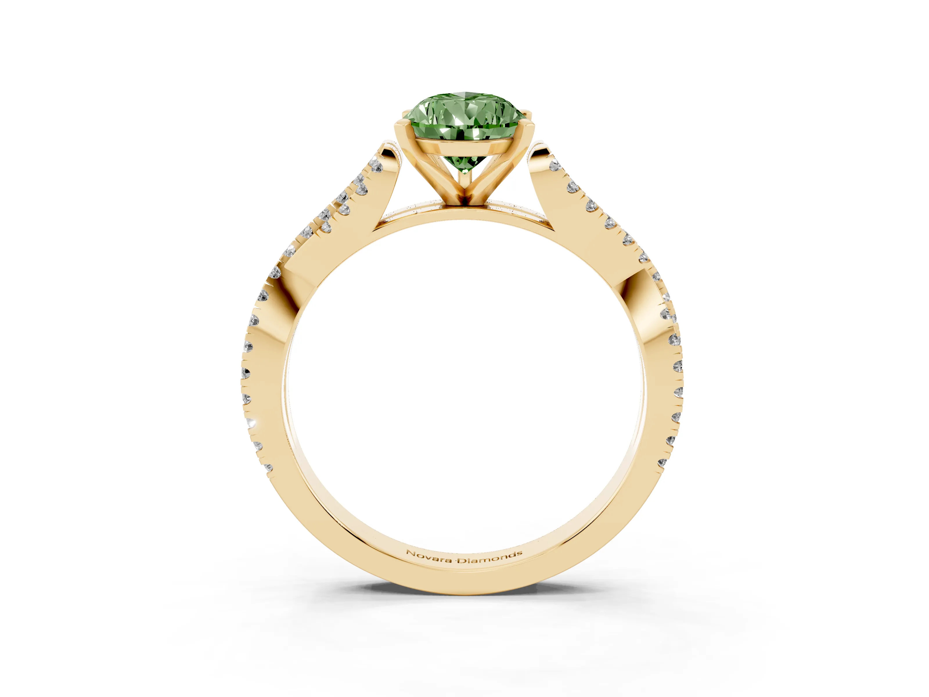 Fancy Green Pear Cut Diamond Solitaire Engagement Ring Set in Yellow gold with Twisted Pavé Band and Prong Setting