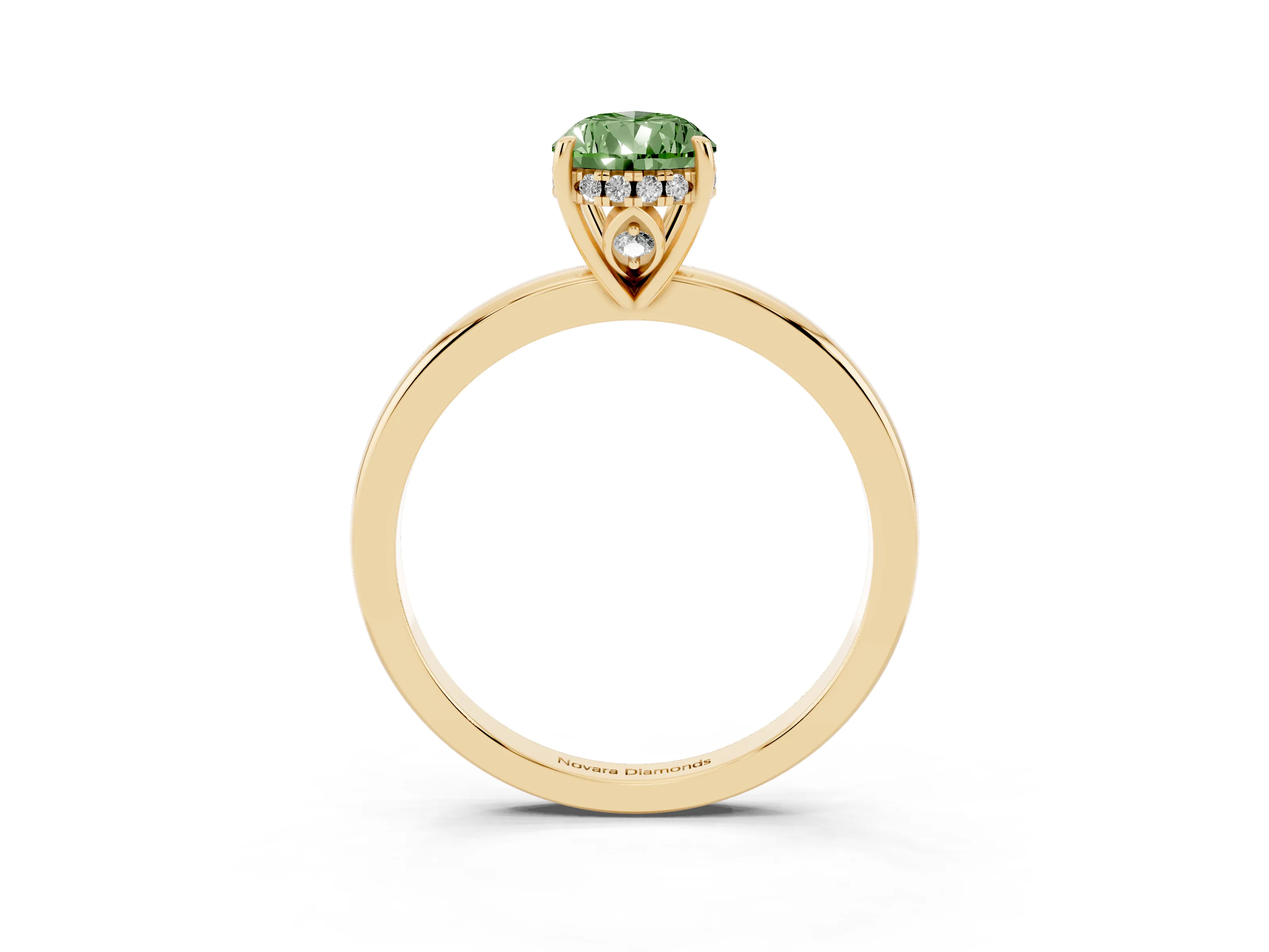 Fancy Green Pear Cut Diamond Solitaire Ring Set in Yellow gold with Plain Band and Prong Setting