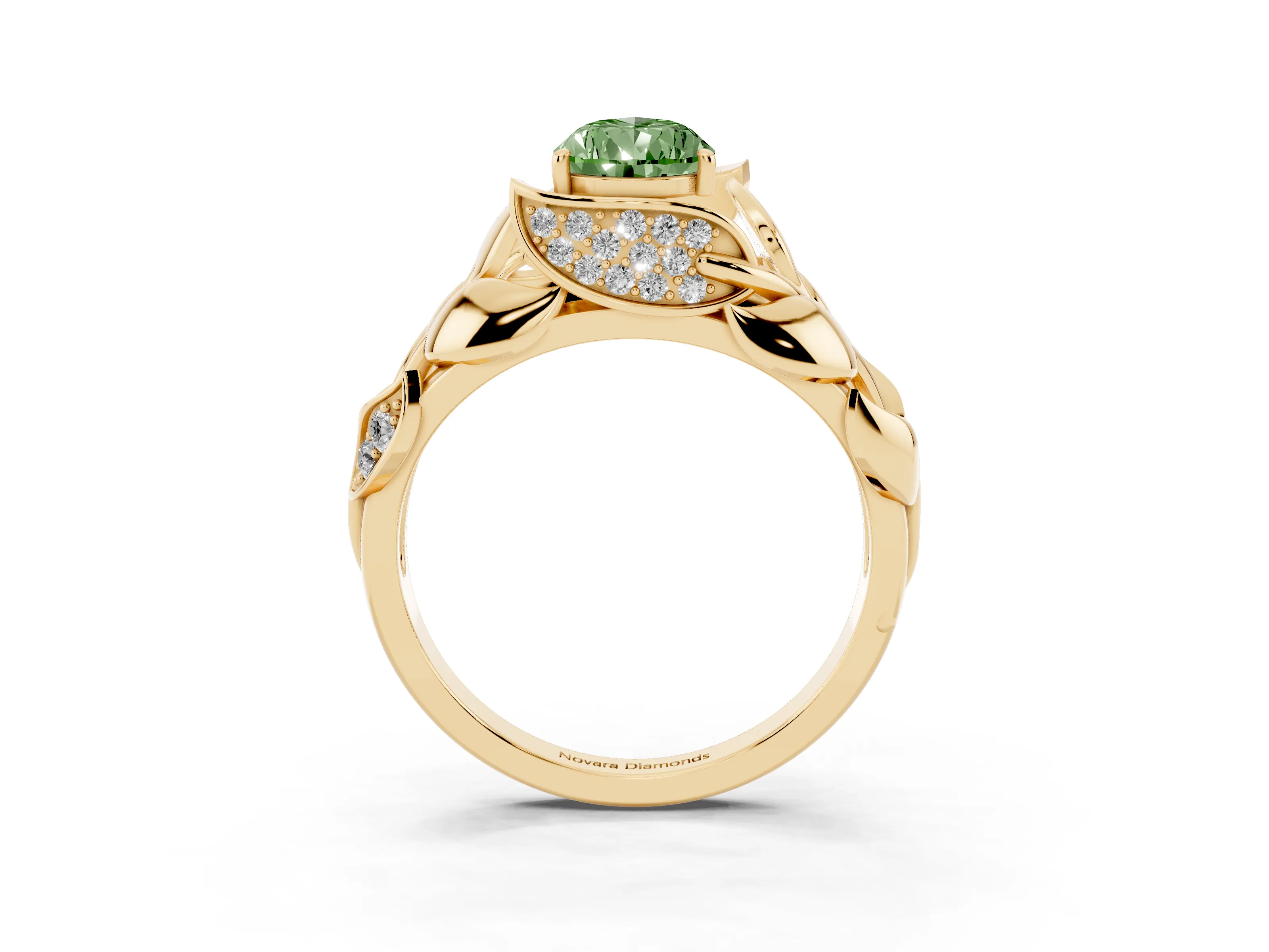Fancy Green Pear Cut Diamond Leaf-Inspired Engagement Ring Set in Yellow gold with Round Accents
