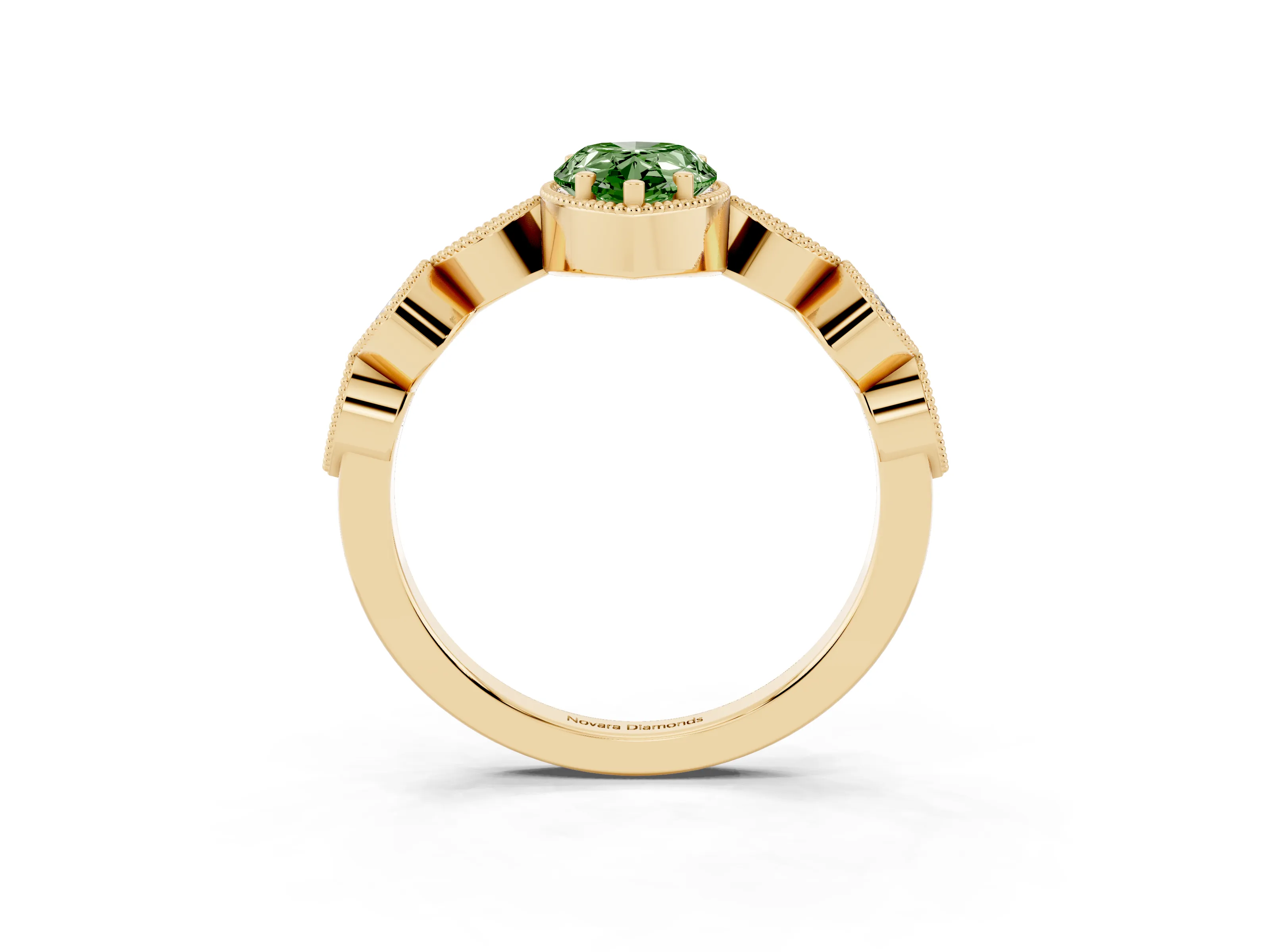 Fancy Green Pear Cut Diamond Vintage-Inspired Milgrain Ring Set in Yellow gold with Marquise Stations of Round Accents