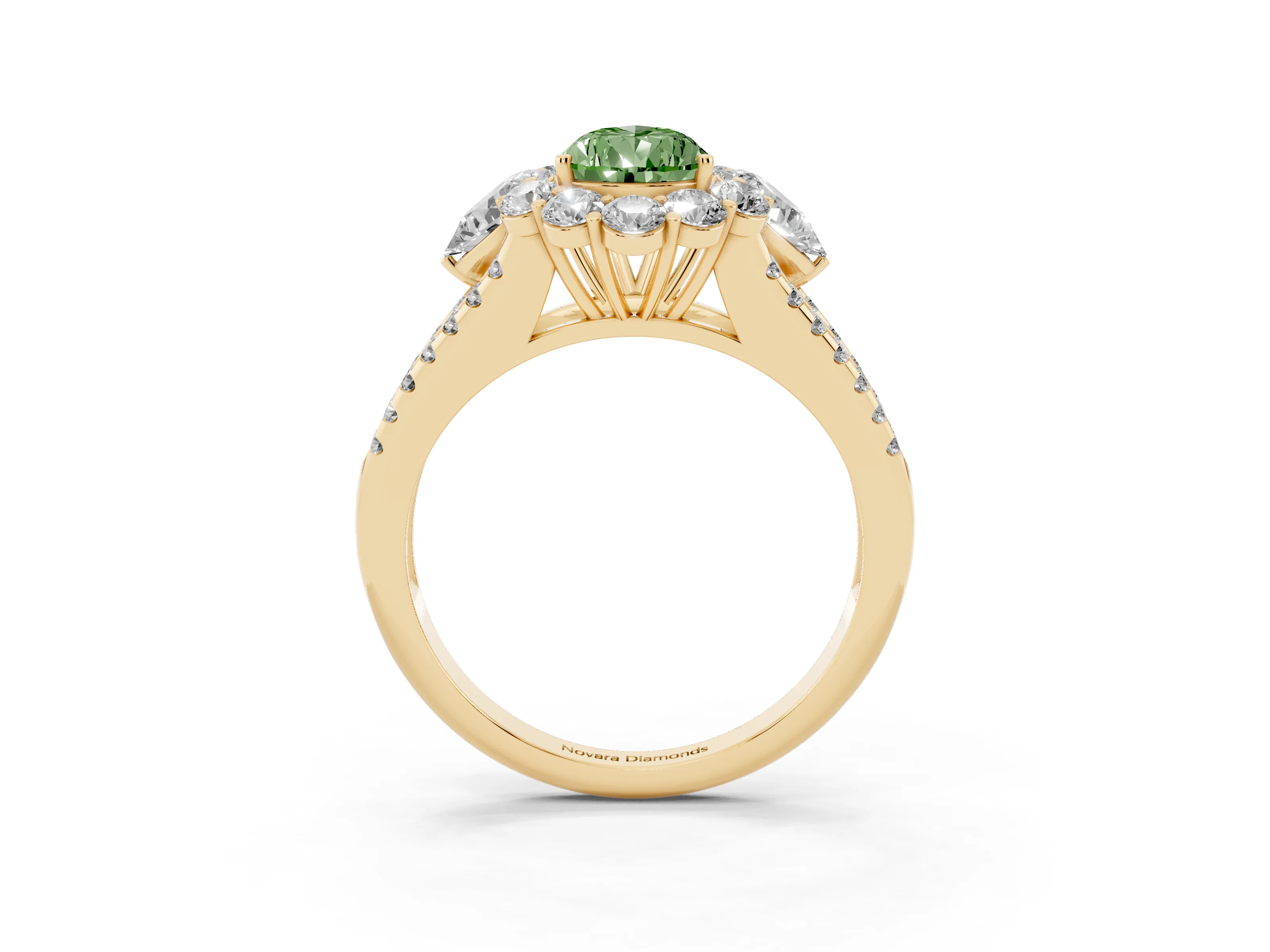Fancy Green Pear Cut Diamond Halo Split Shank Engagement Ring Set in Yellow gold with Prong-Held Center Stone