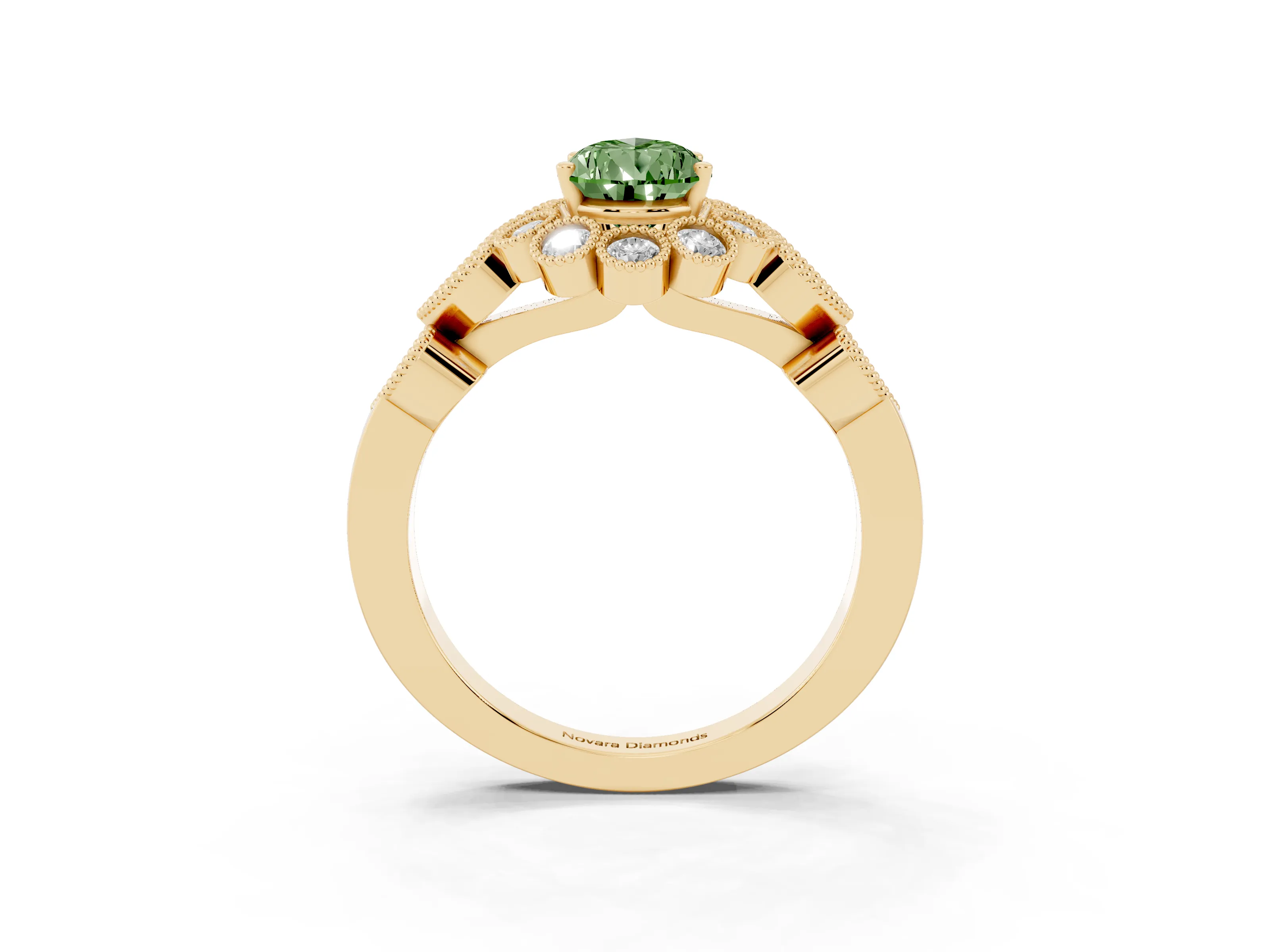 Fancy Green Pear Cut Diamond Solitaire Ring Set in Yellow gold with Milgrain Pavé Heart Band