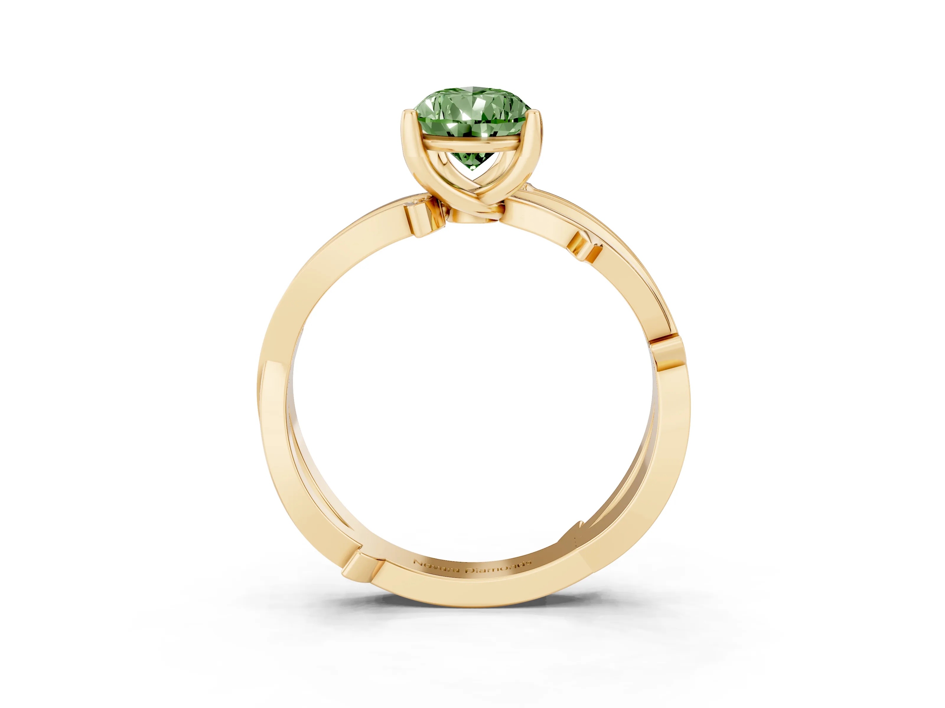 Fancy Green Pear Cut Diamond Pavé Twist Band Solitaire Ring Set in Yellow gold with Prong Setting