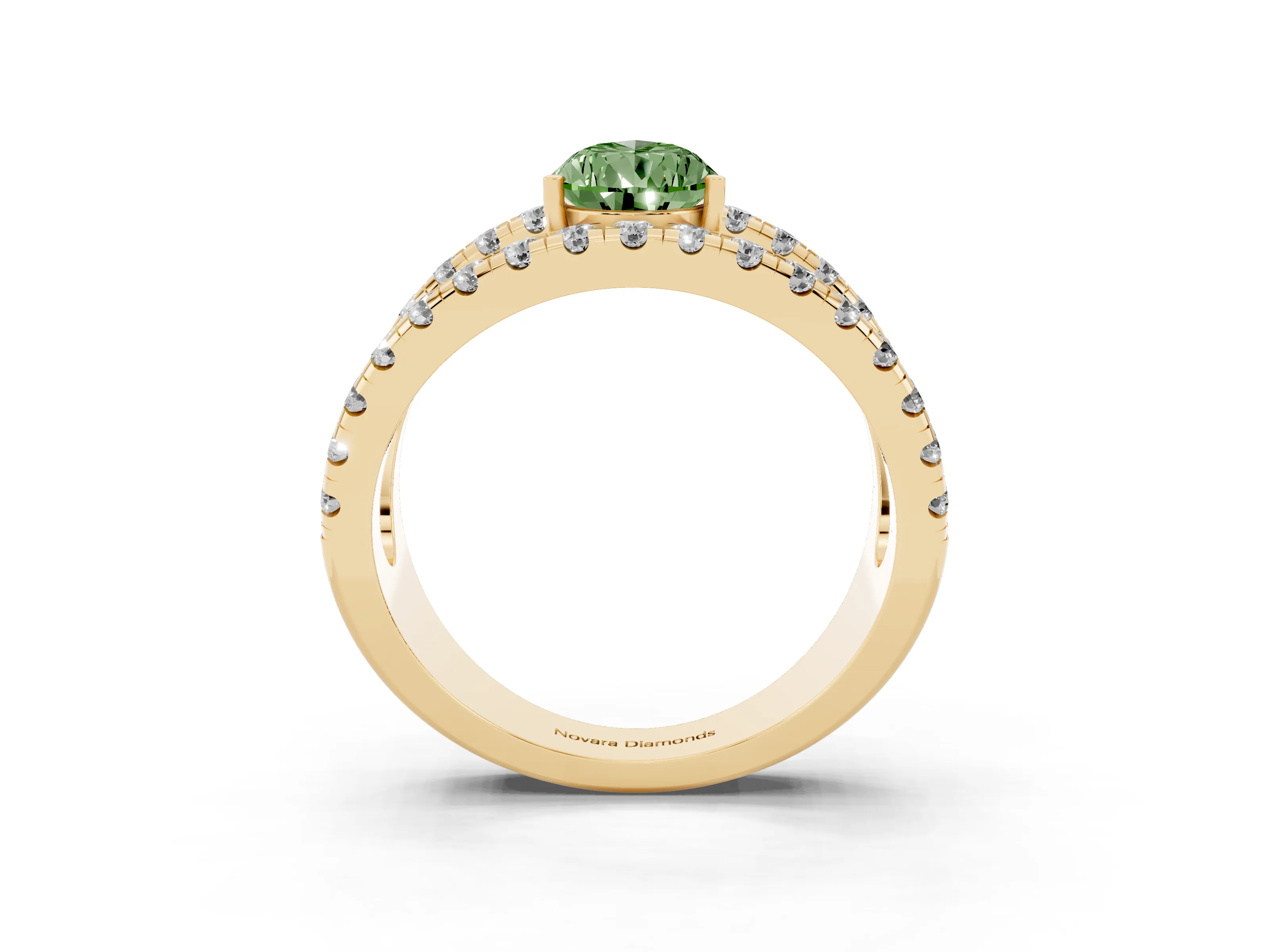 Fancy Green Pear Cut Diamond Split Shank Pavé Solitaire Ring Set in Yellow gold with Open Shank Design