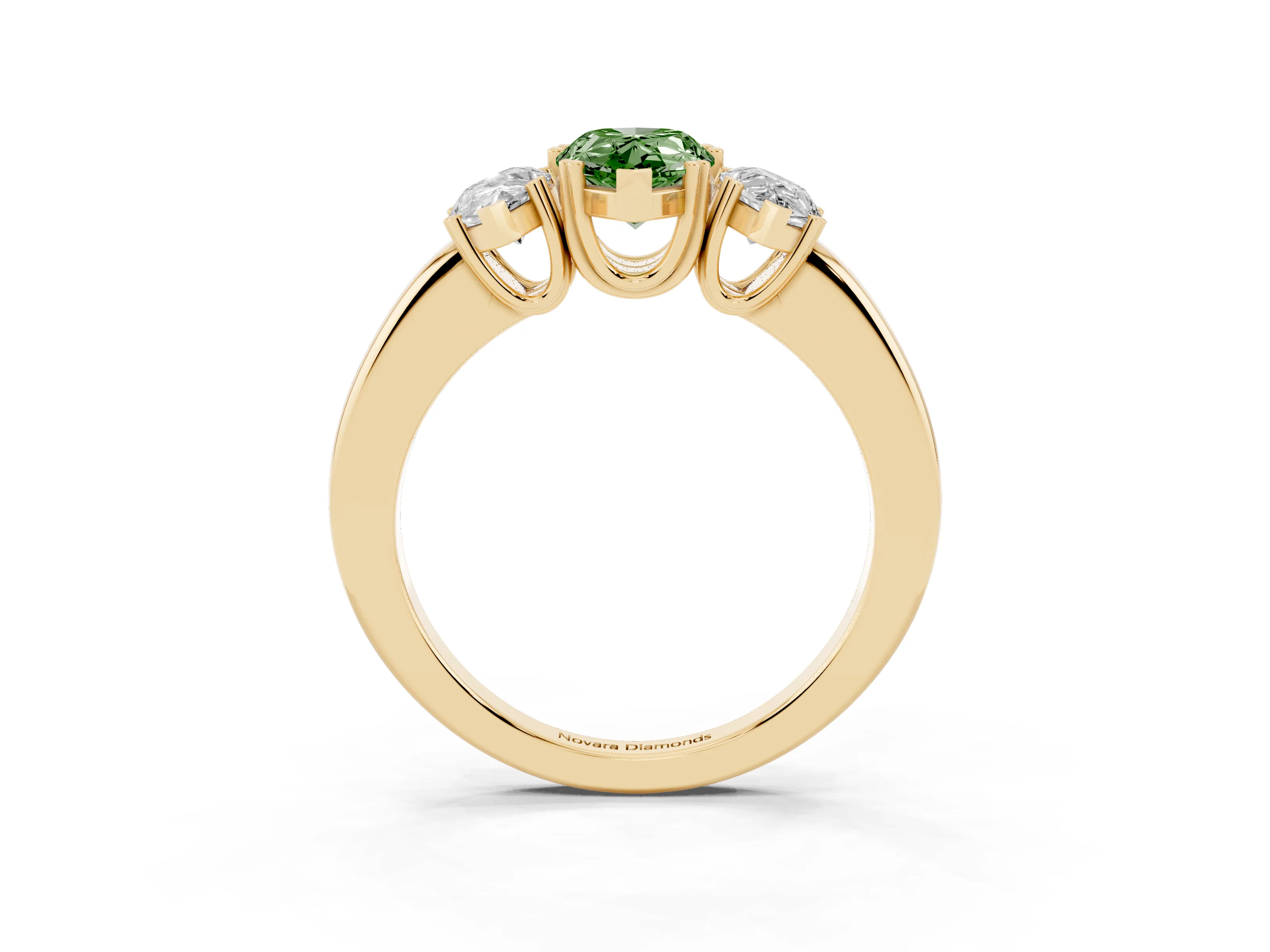 Fancy Green Pear Cut Diamond Three-Stone Ring Set in Yellow gold with Polished Channel-Set Band
