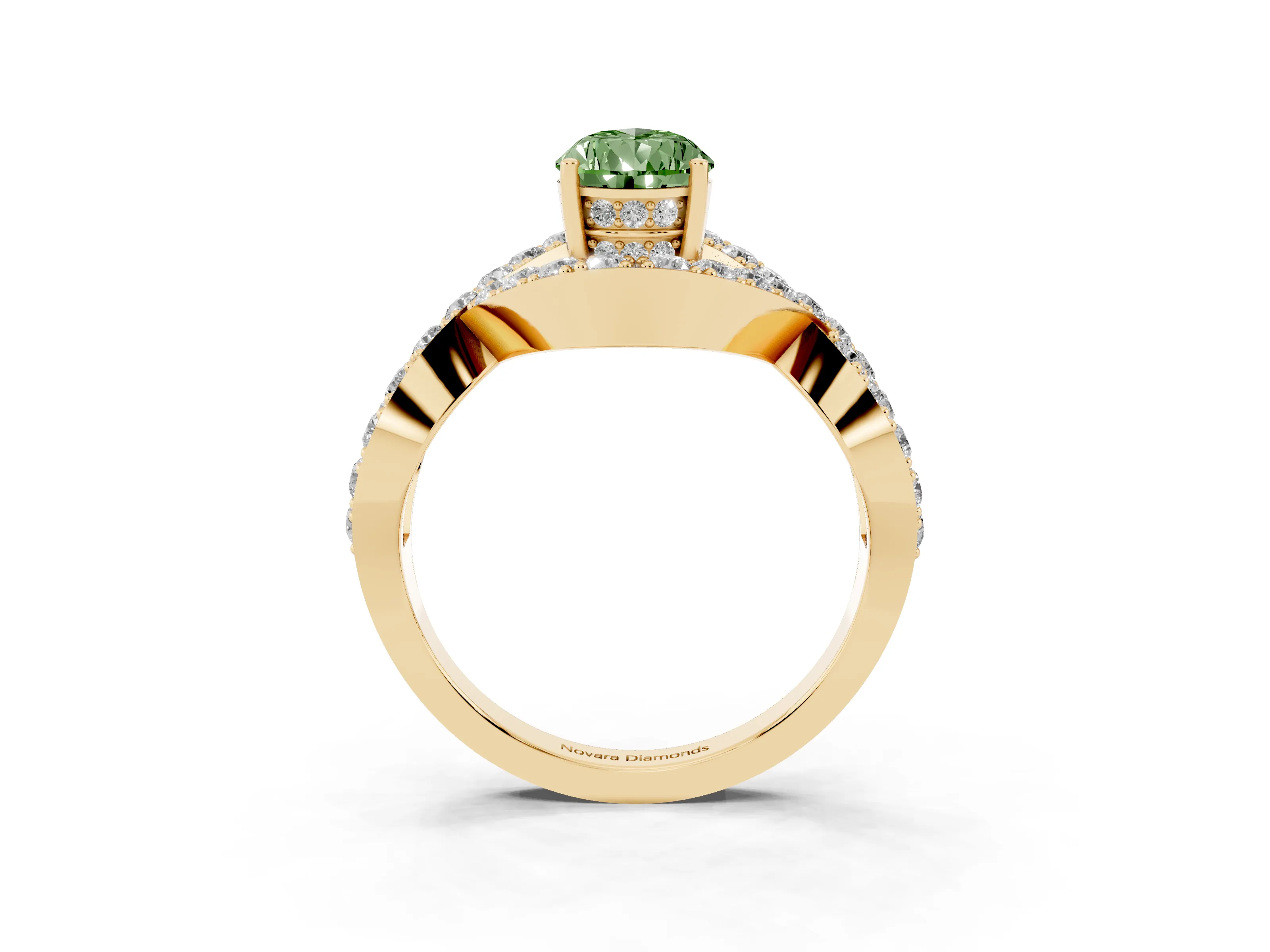 Fancy Green Pear Cut Diamond Solitaire Twist Band Pavé Engagement Ring Set in Yellow gold