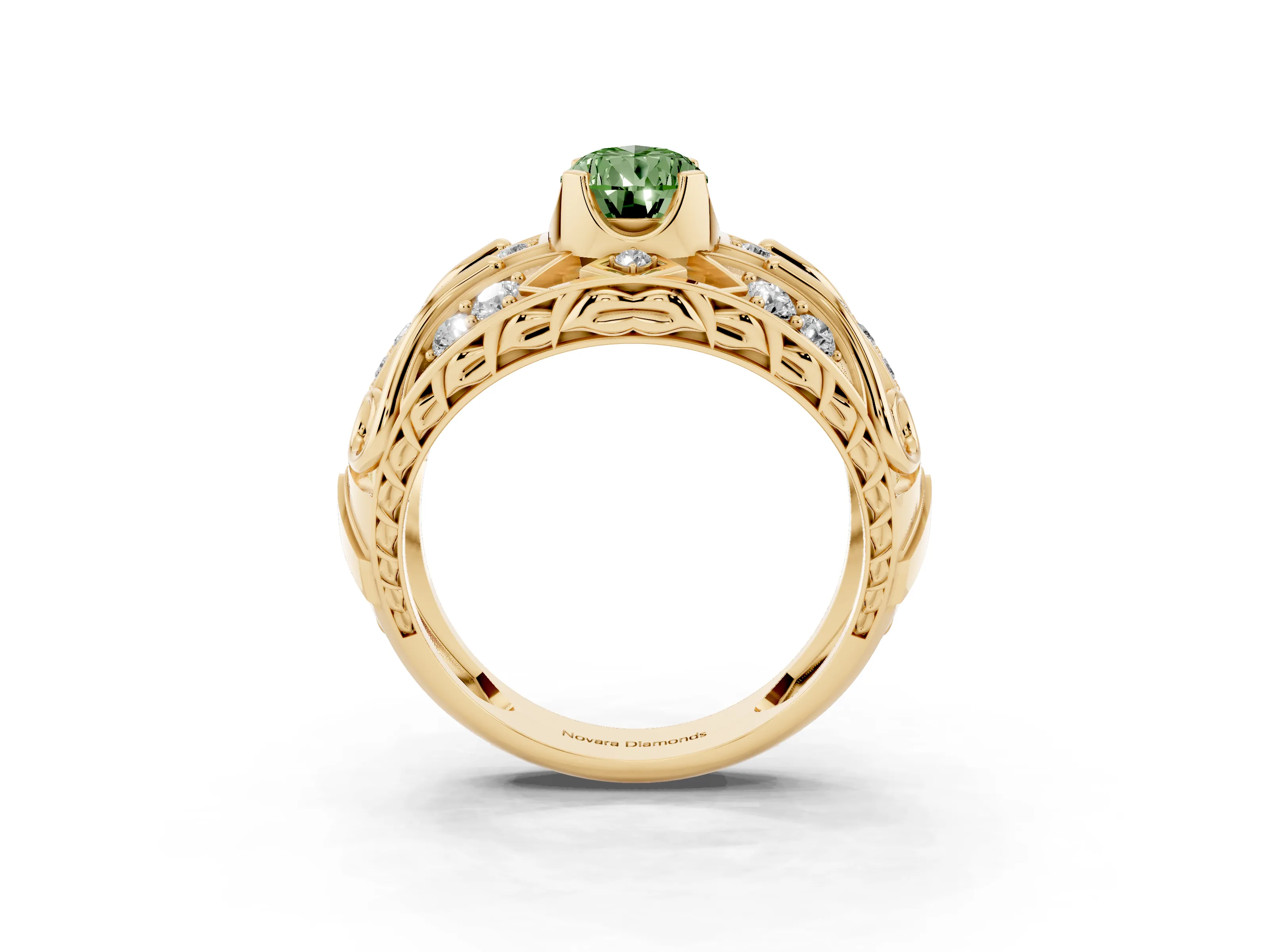 Fancy Green Pear Cut Diamond Art Deco Ring Set in Yellow gold with Pavé Split Shank