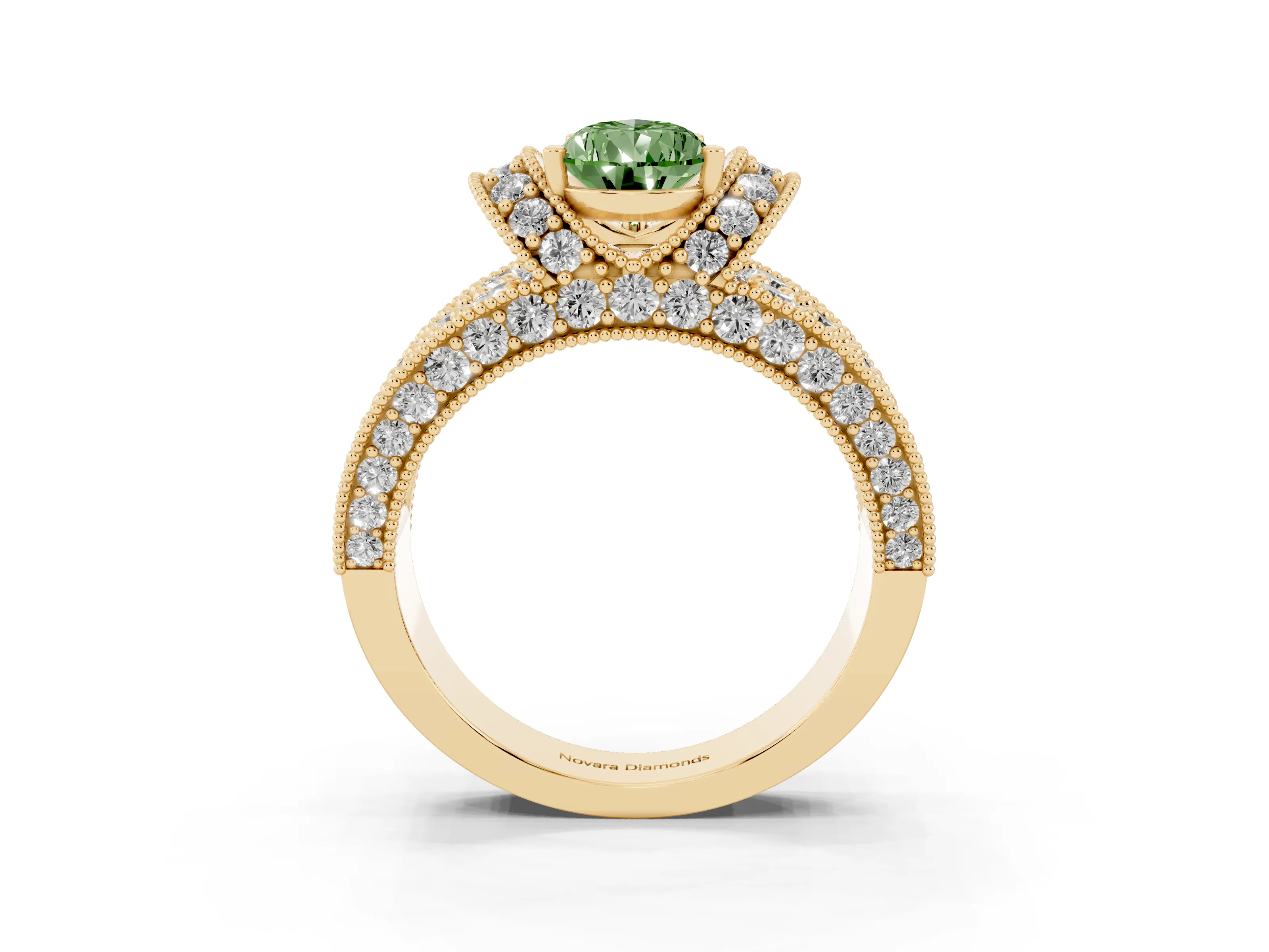 Fancy Green Pear Cut Diamond Milgrain Halo Pavé Engagement Ring Set in Yellow gold with Prong Setting