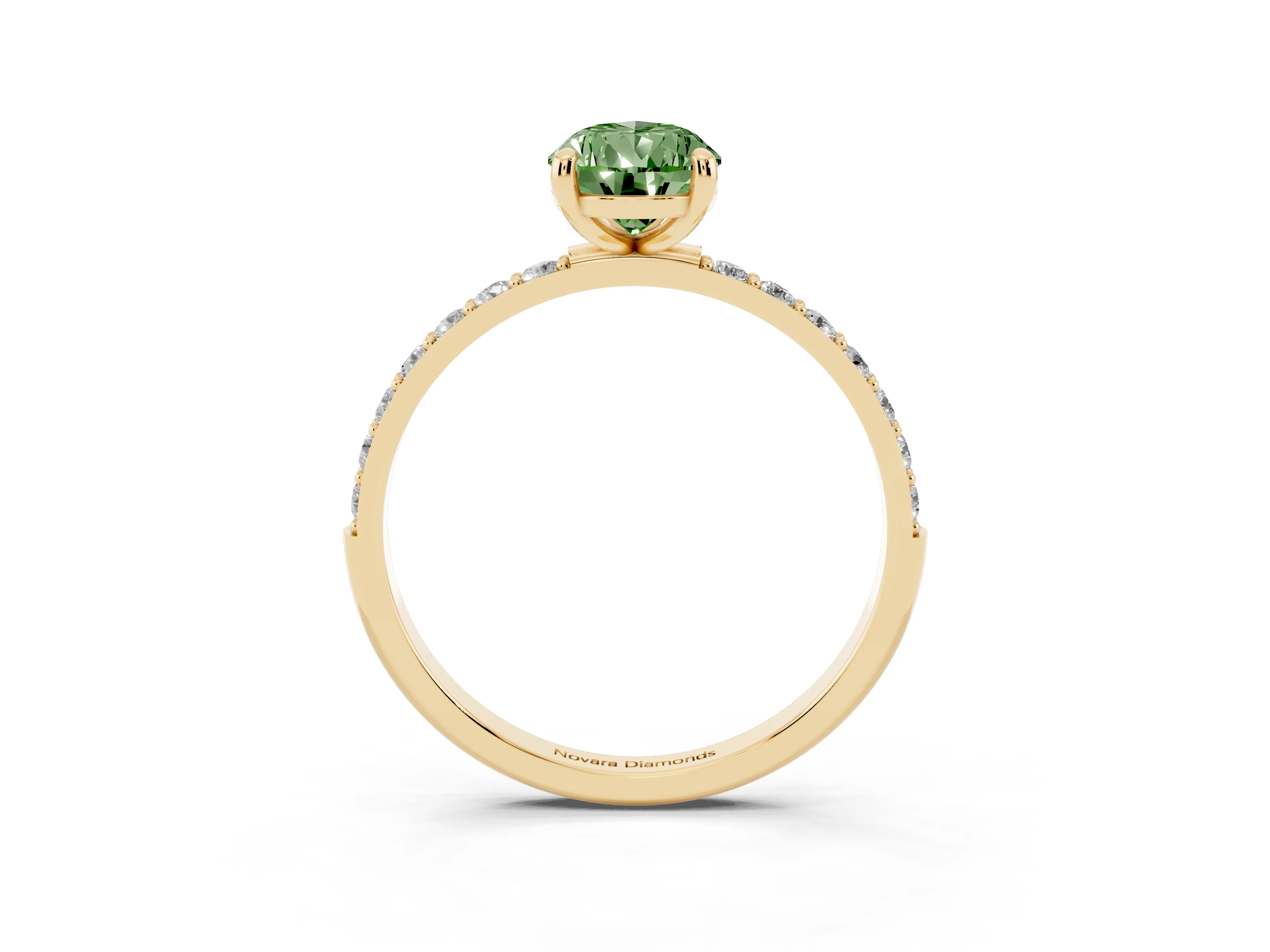 Fancy Green Pear Cut Diamond Solitaire Ring Set in Yellow gold with Round Pavé Band and Prong Setting