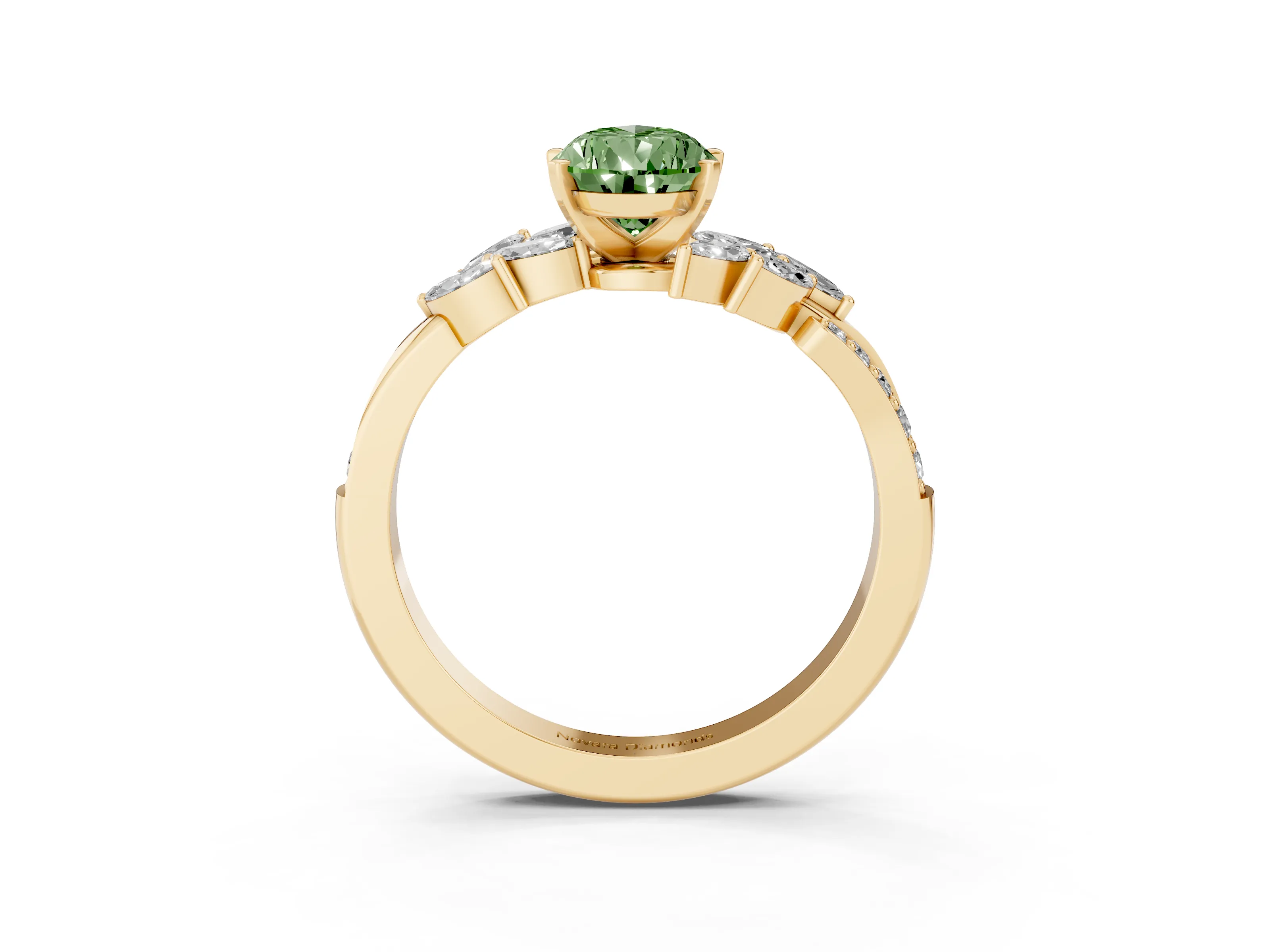 Fancy Green Pear Cut Diamond Solitaire Ring Set in Yellow gold with Marquise Twist Band and Prong Setting