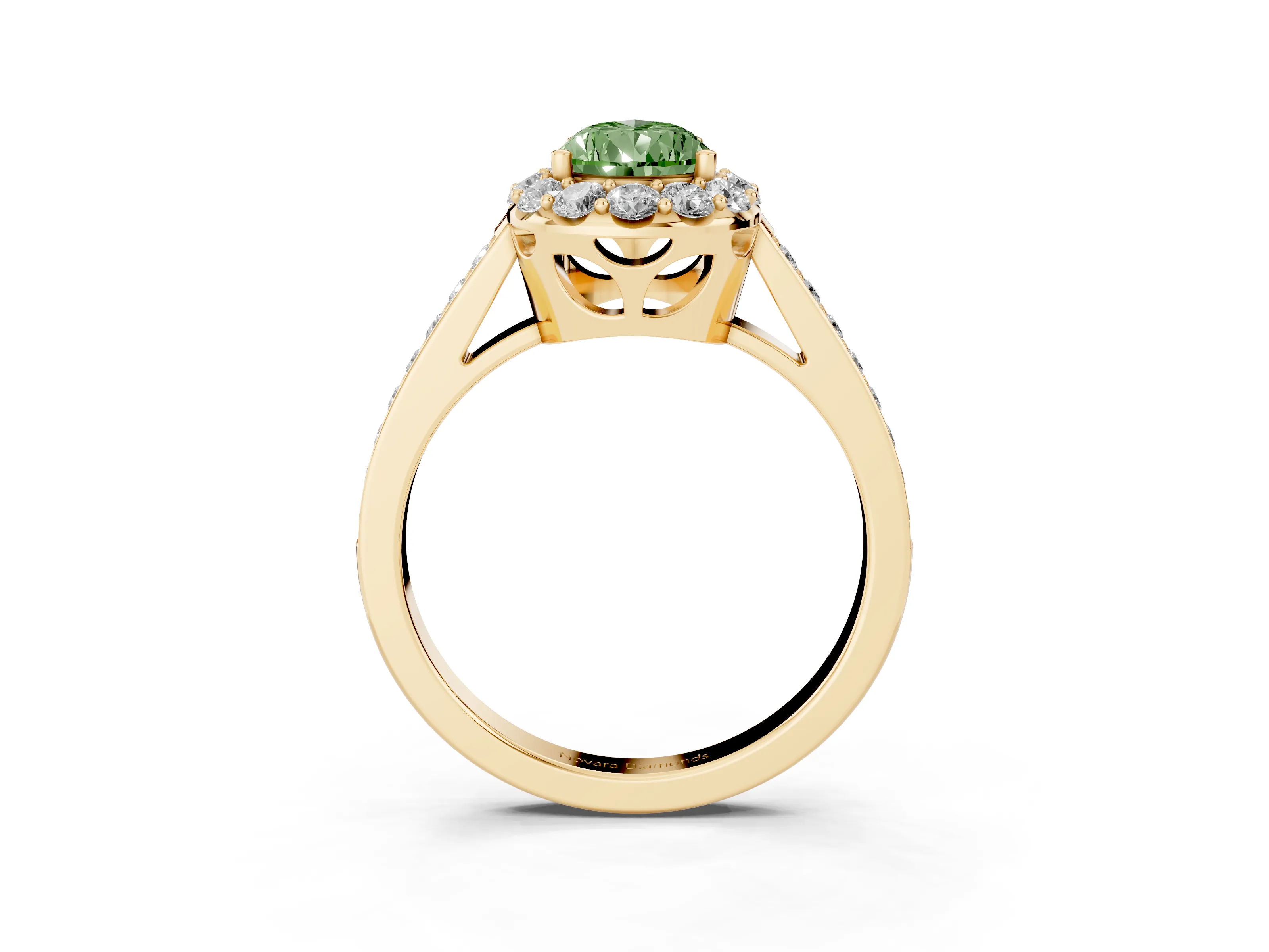 Fancy Green Pear Cut Diamond Floral Halo Ring Set in Yellow gold with Pavé Band and Prong Setting