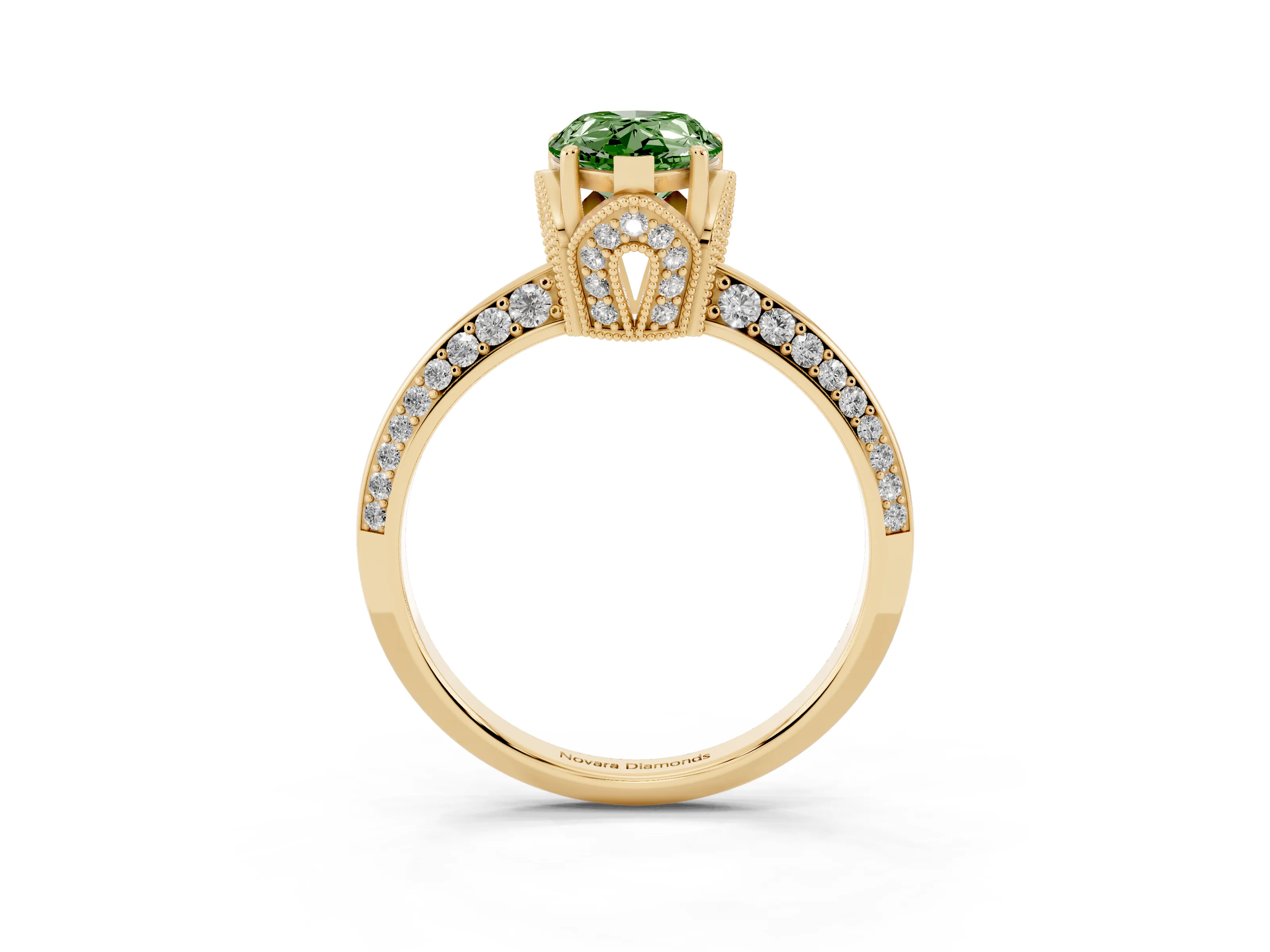 Fancy Green Pear Cut Diamond Solitaire Engagement Ring Set in Yellow gold with Pavé Split Shank and Prong Setting