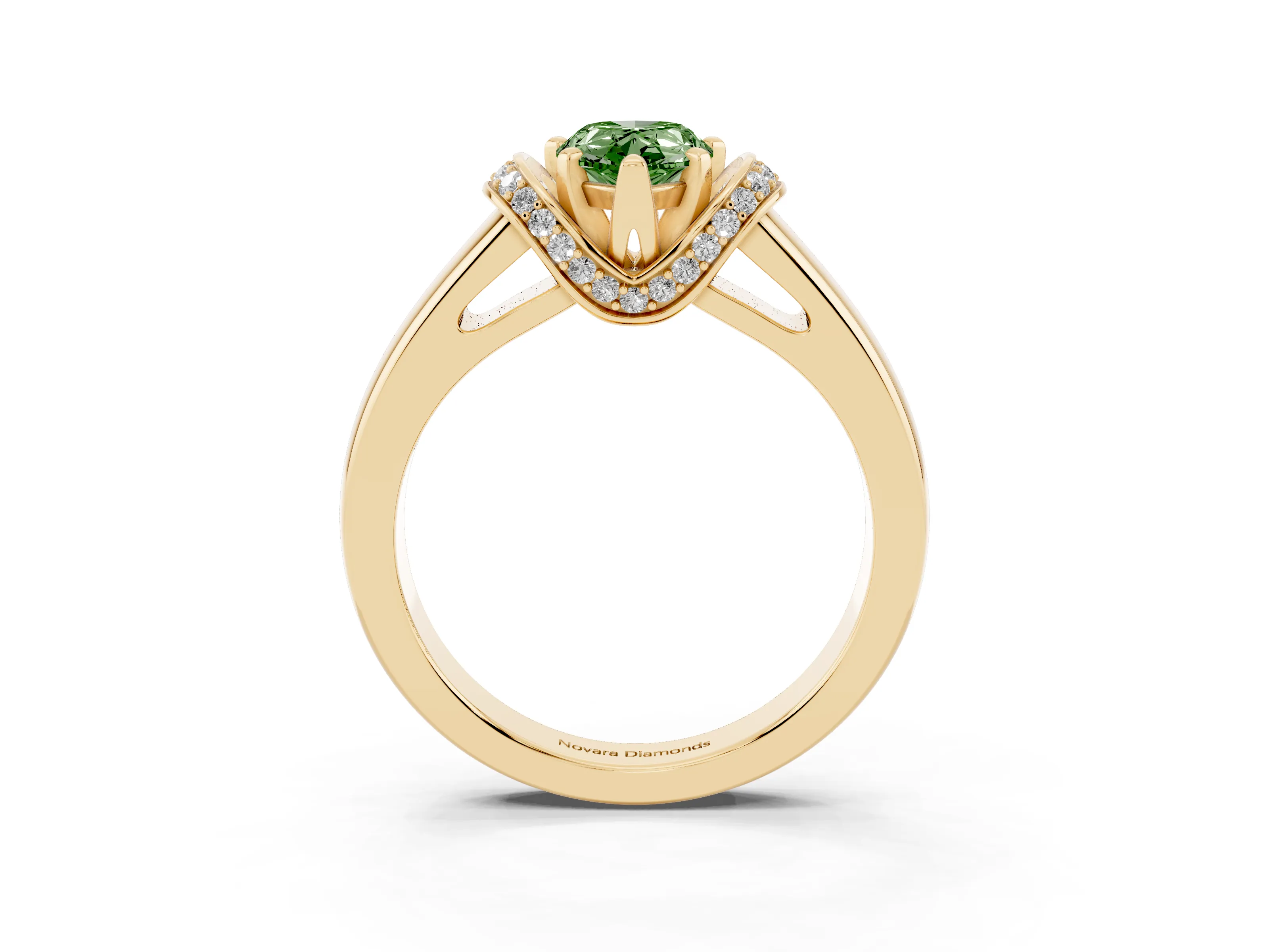 Fancy Green Pear Cut Diamond Pavé Band Solitaire Ring Set in Yellow gold with Prong Setting