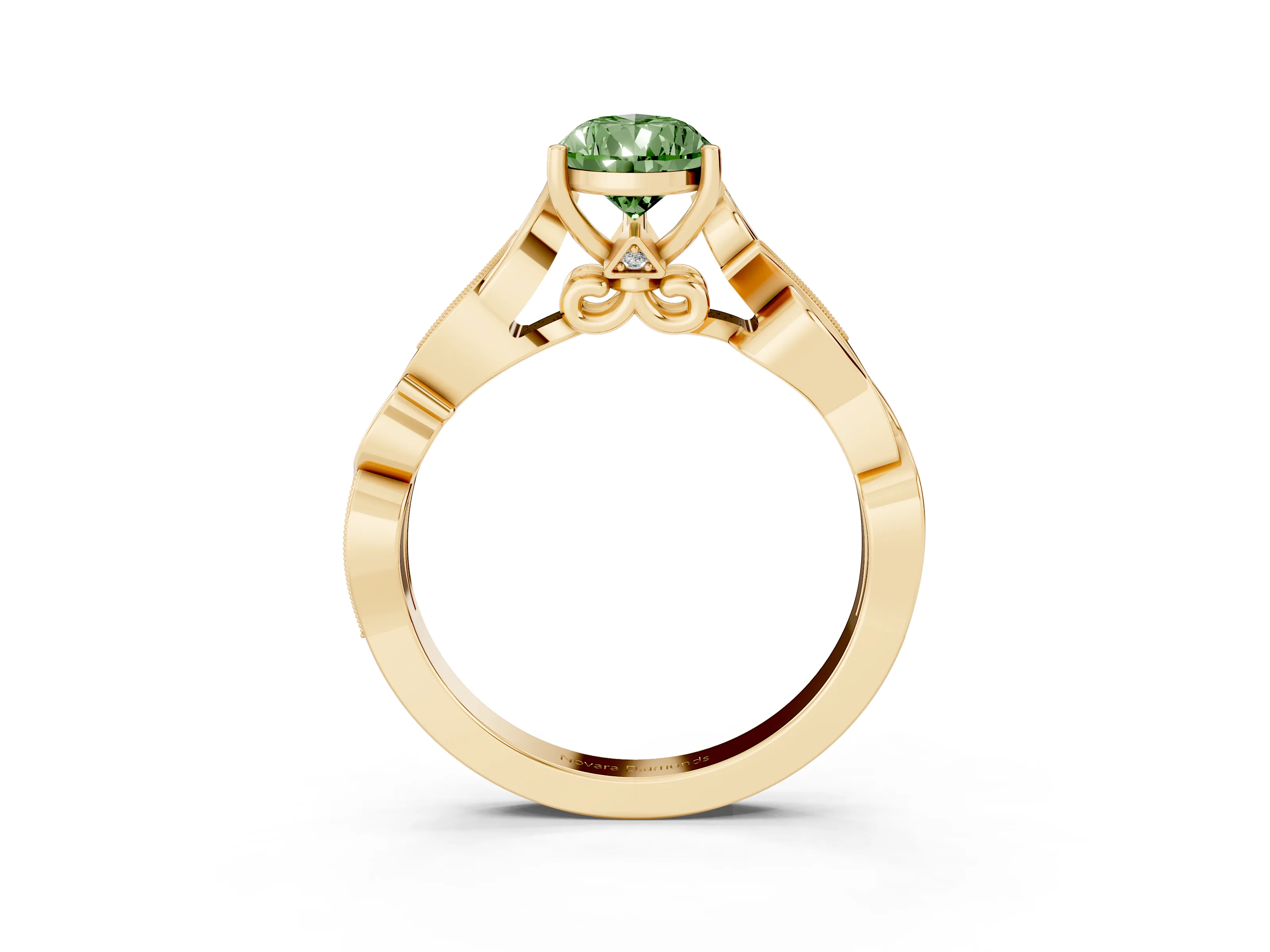 Fancy Green Pear Cut Diamond Vine Band Solitaire Ring Set in Yellow gold with Milgrain Prong Setting