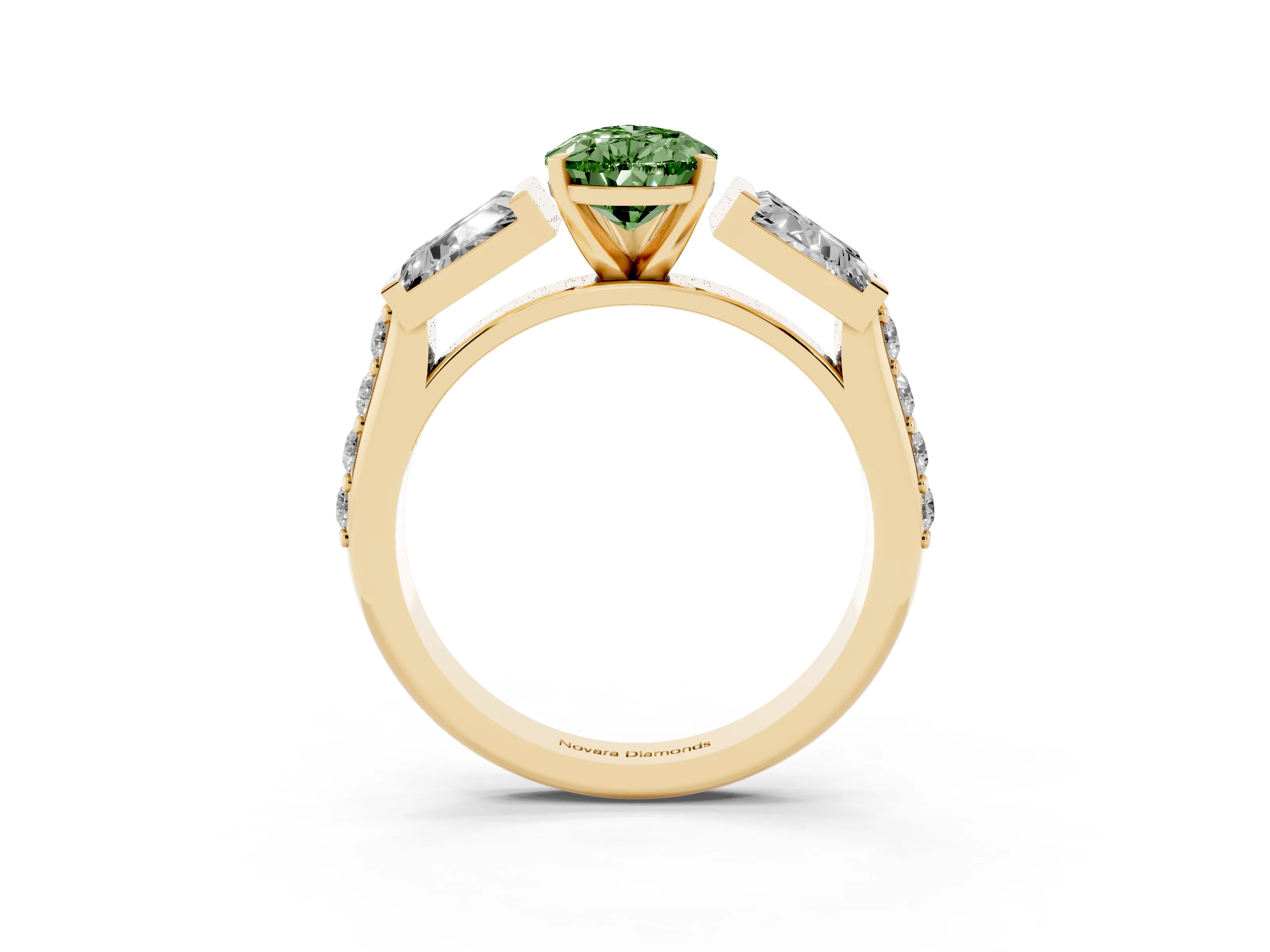 Fancy Green Pear Cut Diamond Engagement Ring Set in Yellow gold with Baguette Side Stones and Channel Set Band
