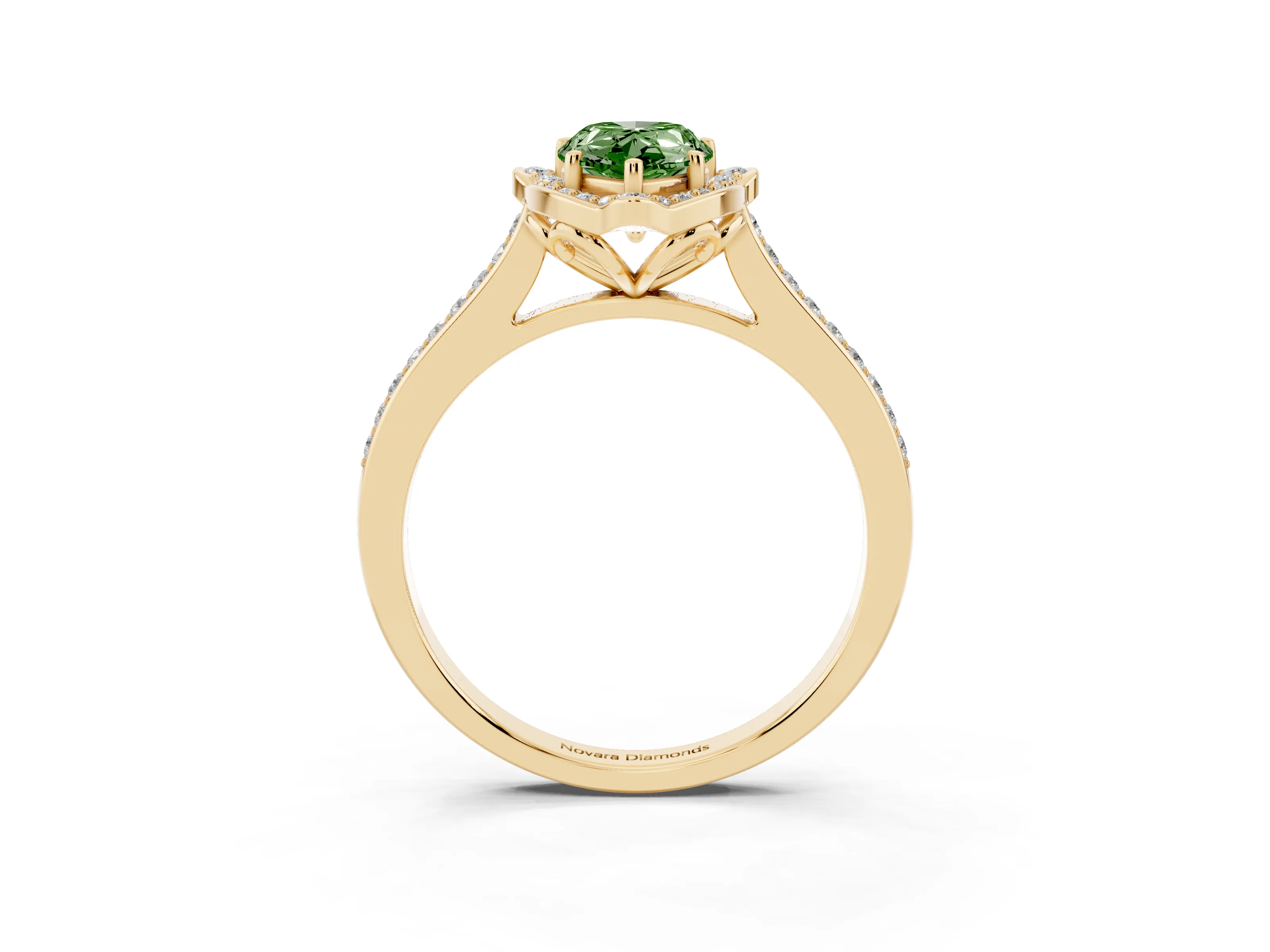 Fancy Green Pear Cut Diamond Halo Ring Set in Yellow gold with Pavé-Lined Shoulders and Prong Setting