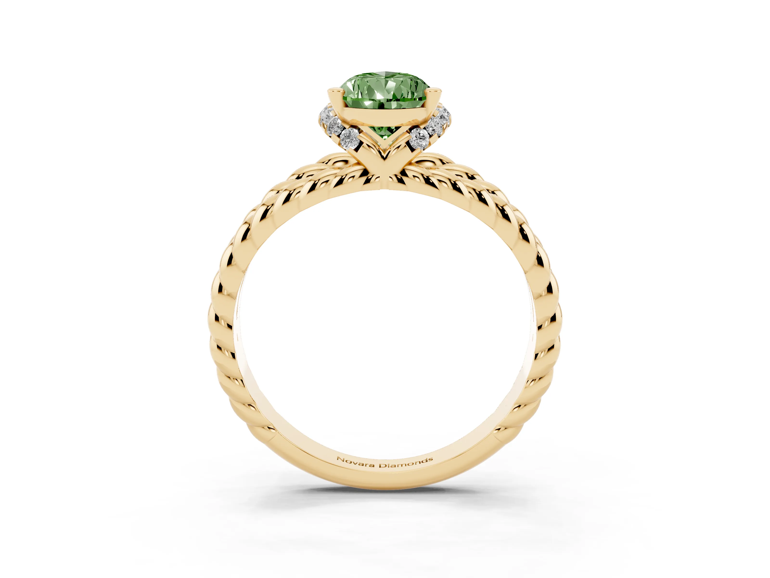 Fancy Green Pear Cut Diamond Halo Ring Set in Yellow gold with Twisted Band and Prong Setting
