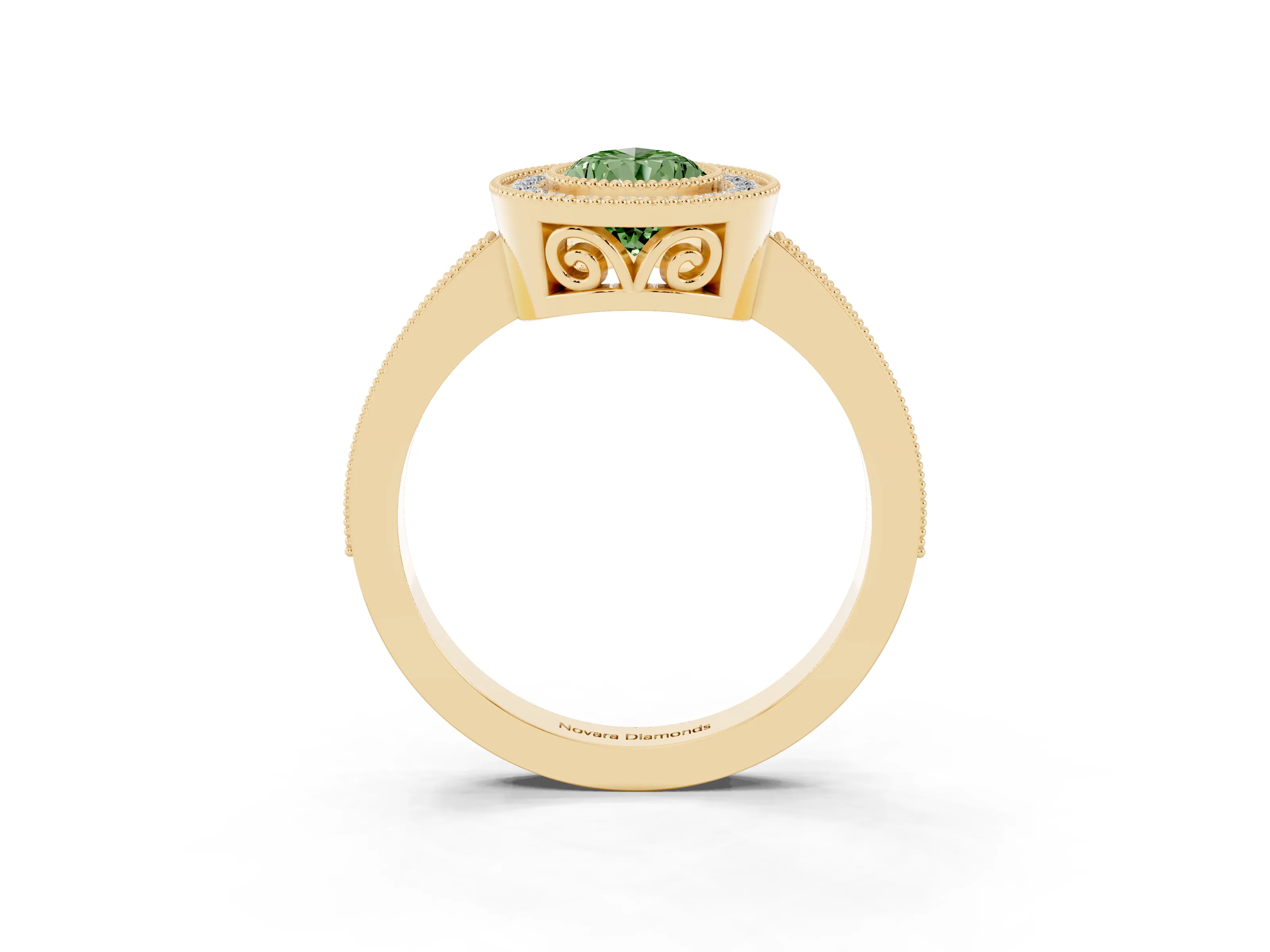 Fancy Green Pear Cut Diamond Halo Ring Set in Yellow gold with Pavé Band and Milgrain-Edged Prongs