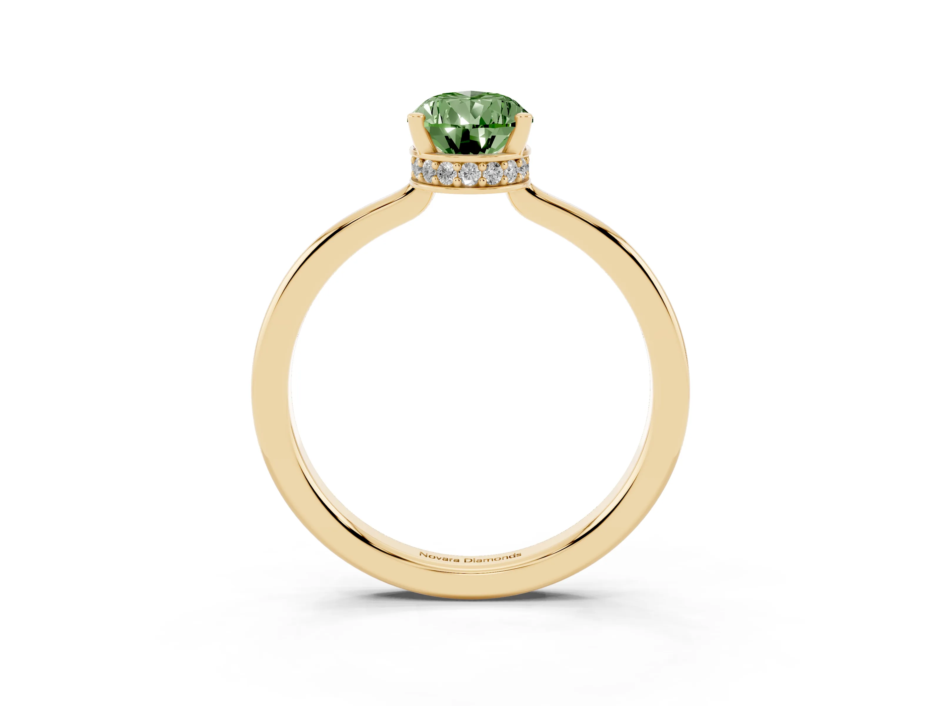 Fancy Green Pear Cut Diamond Solitaire Engagement Ring Set in Yellow gold with Prong Setting on a Plain Band