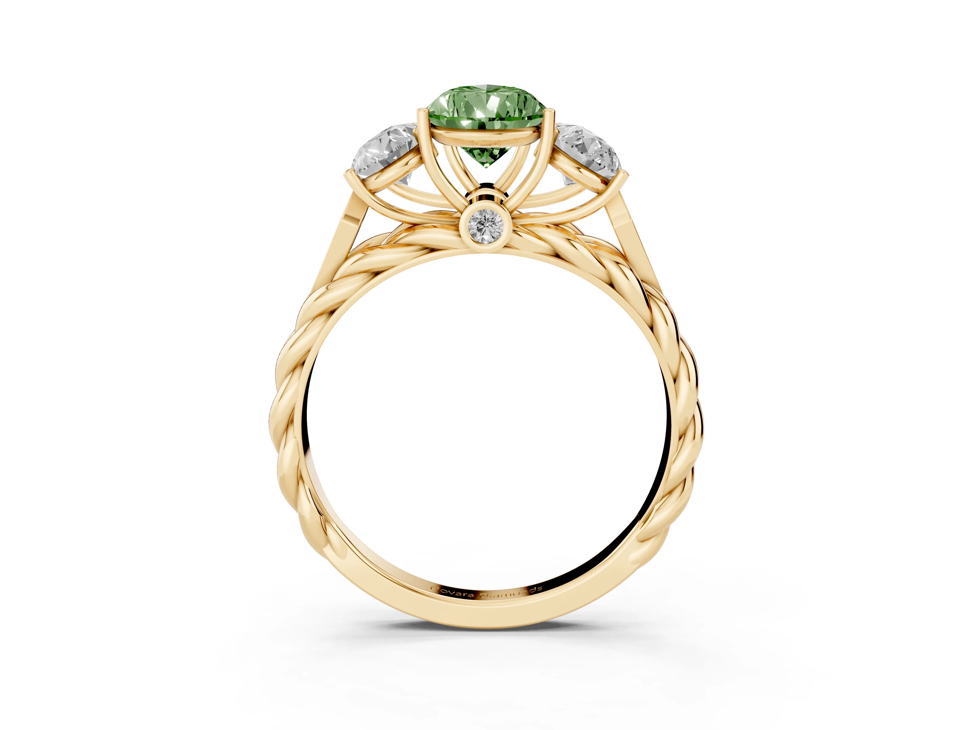 Fancy Green Pear Cut Diamond Three-Stone Ring Set in Yellow gold with Braided Band