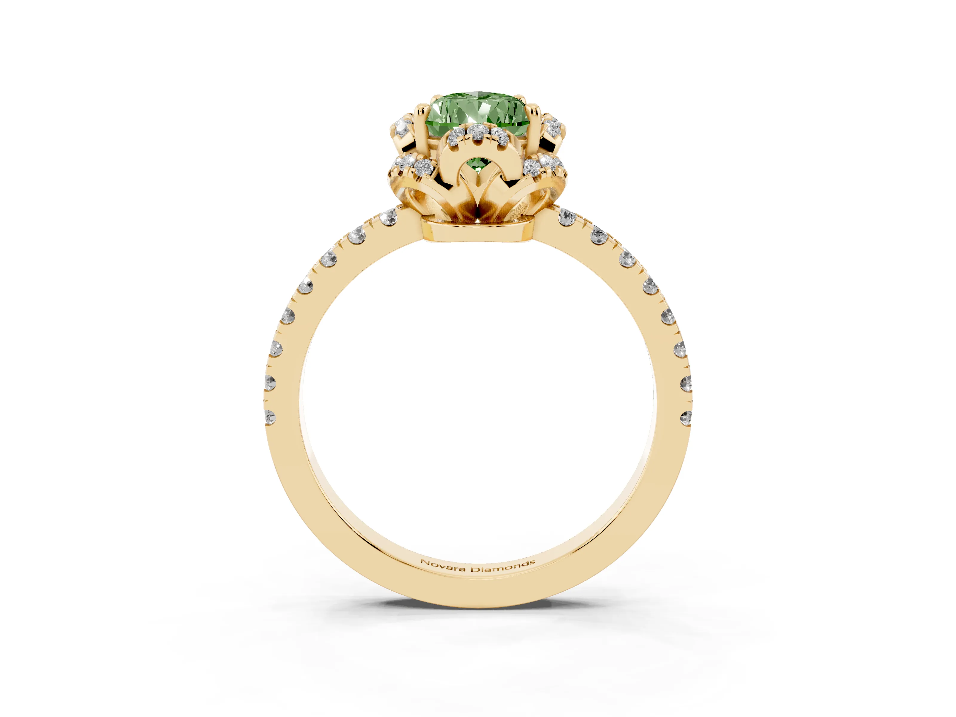 Fancy Green Pear Cut Diamond Halo Pavé Band Ring Set in Yellow gold with Prong-Held Center