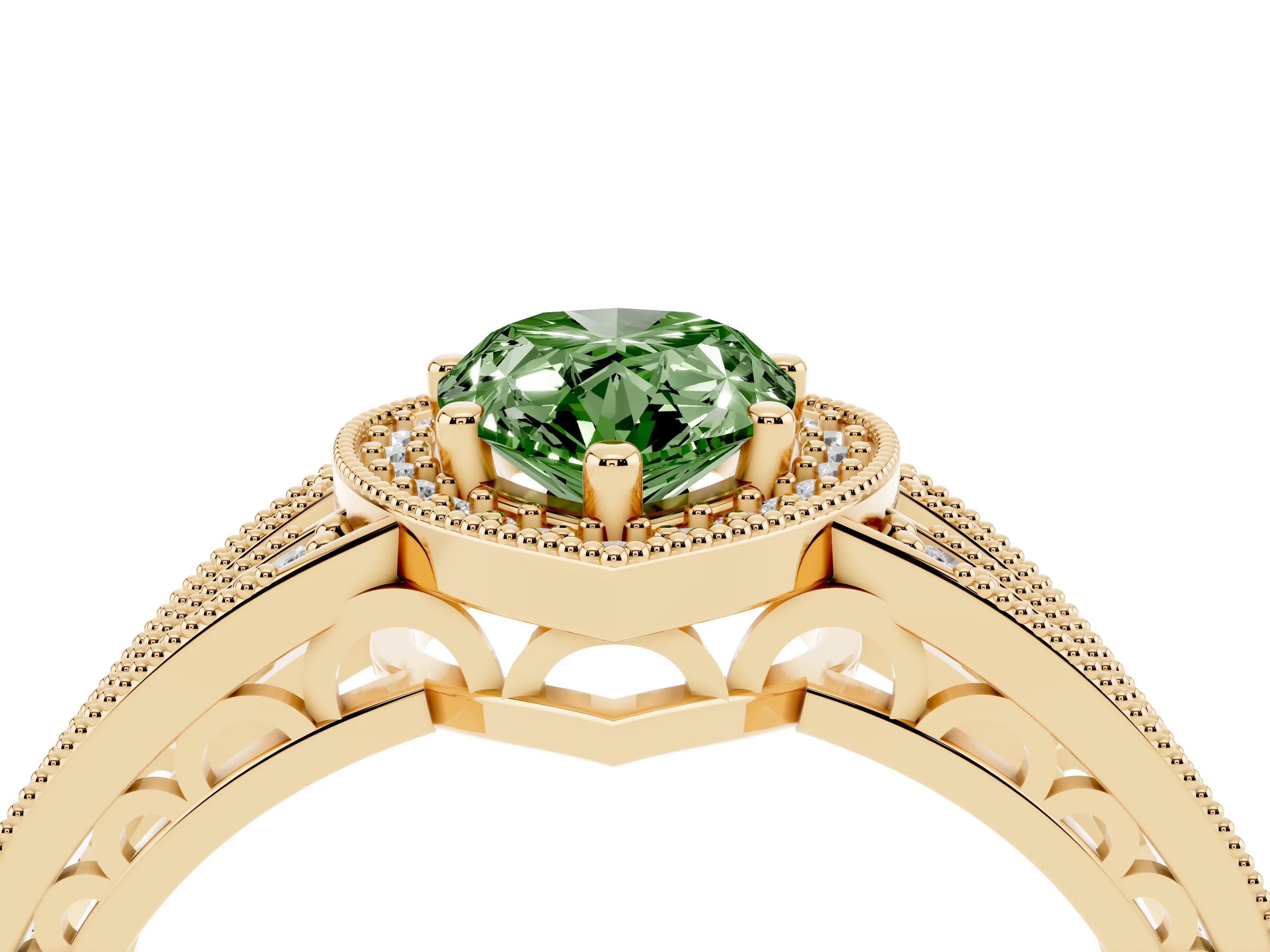 Fancy Green Pear Cut Diamond Halo Ring Set in Yellow gold with Accent Split Shank and Prong Setting