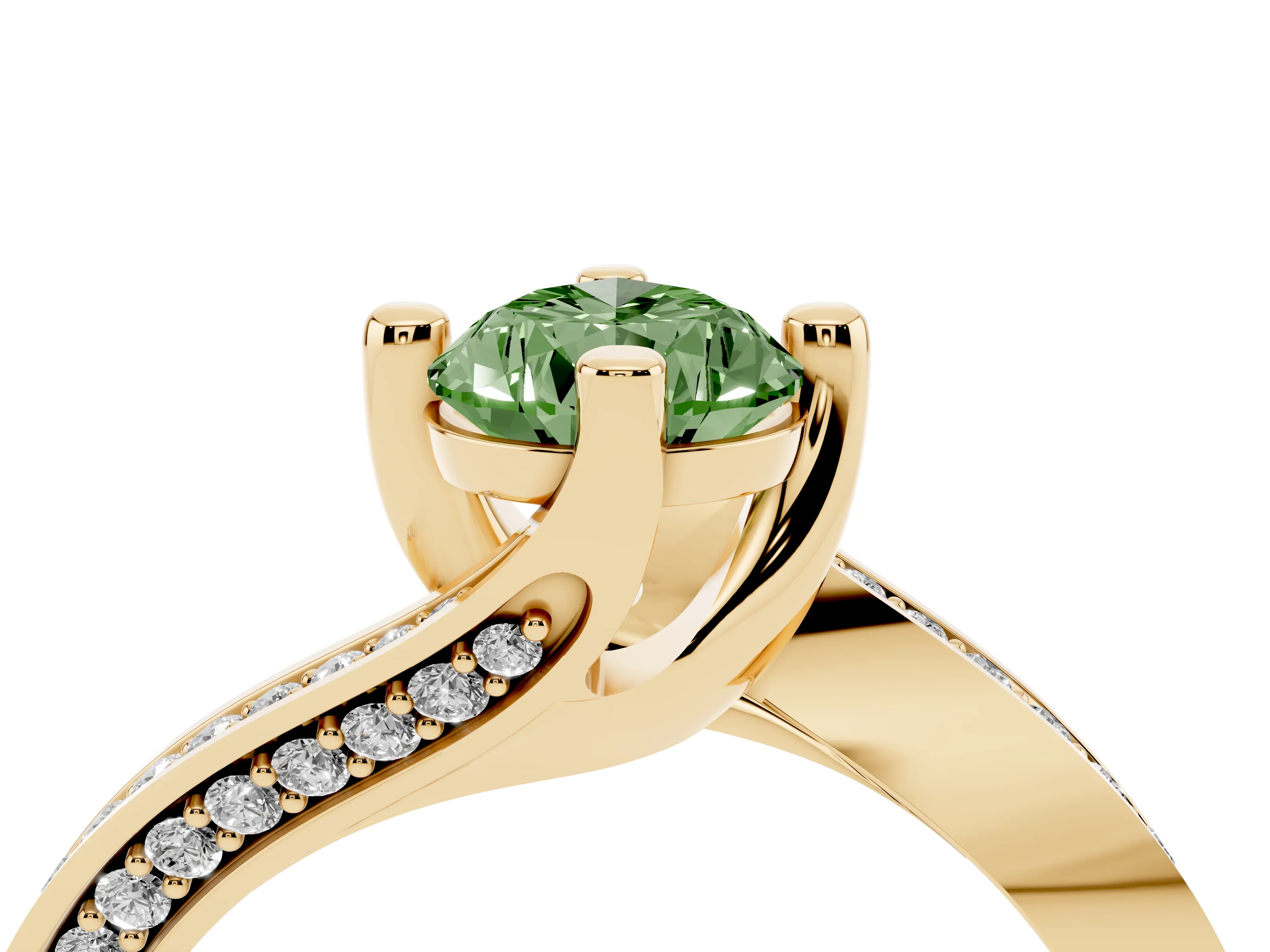 Fancy Green Pear Cut Diamond Solitaire Ring Set in Yellow gold with Intertwined Pavé Twist Band